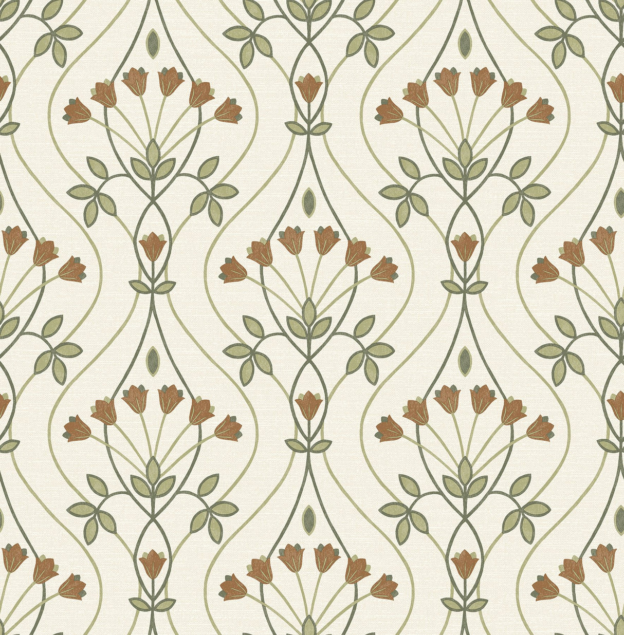 Dard Green Tulip Ogee Wallpaper with Retro Botanical Flower Ogee - A-Street Prints 2970-26146