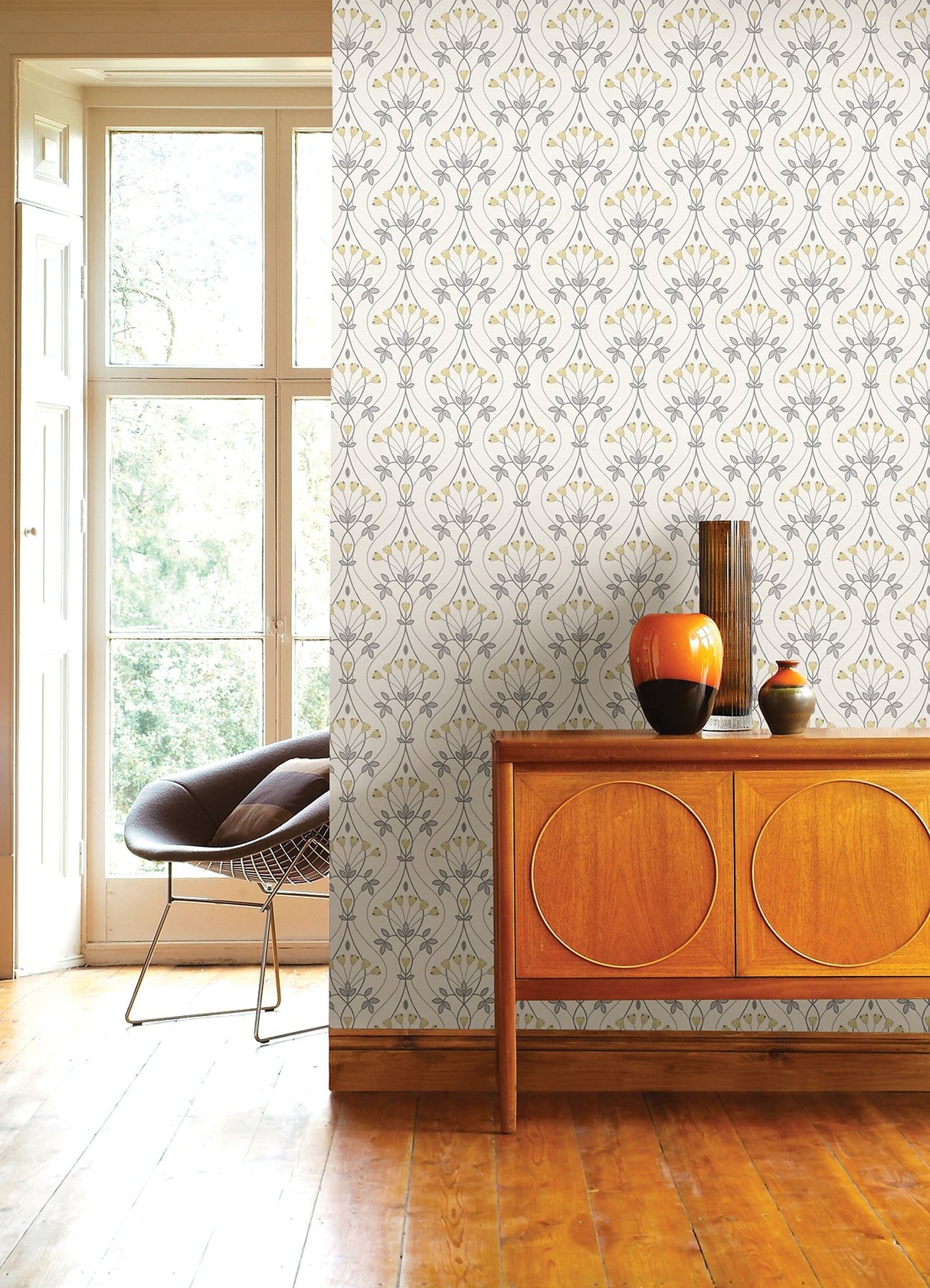 Dard Grey Tulip Ogee Wallpaper with Retro Botanical Floral Pattern - A-Street Prints 2970-26147