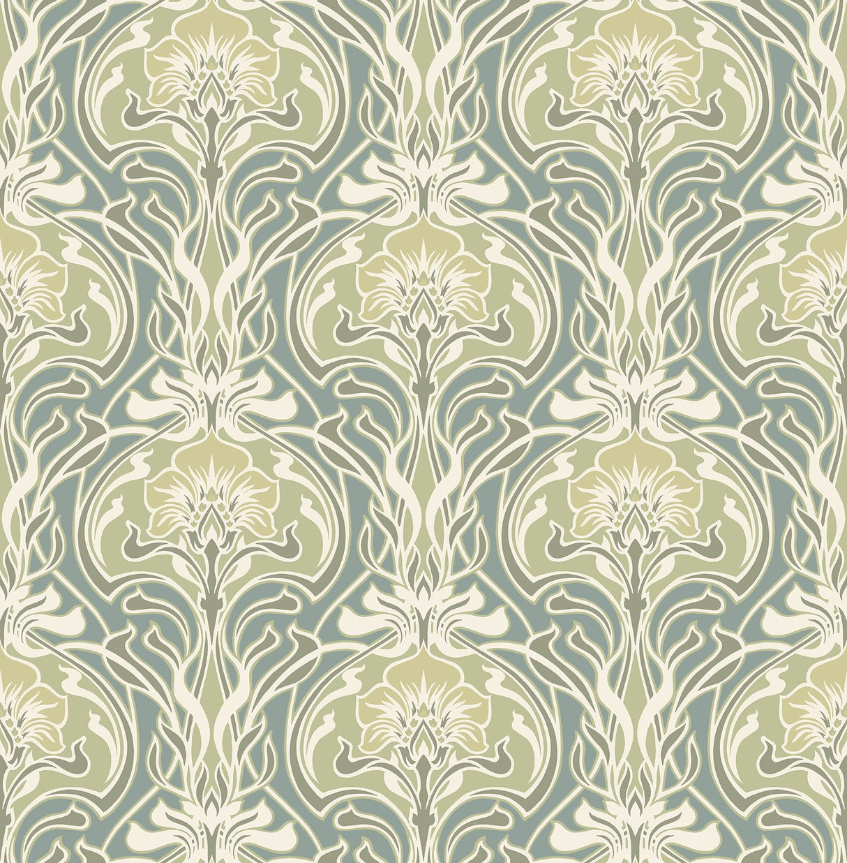 Mucha Teal Botanical Ogee Wallpaper with Metallic Art Nouveau Floral Ogee - A-Street Prints 2970-26151