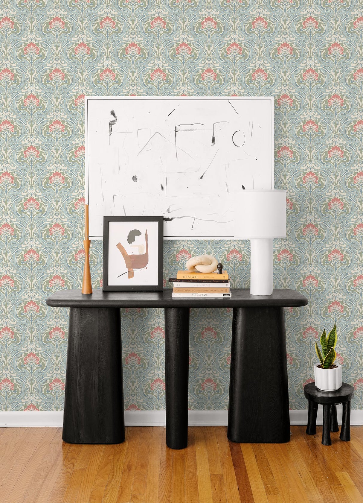 Mucha Light Blue Botanical Ogee Wallpaper with Metallic Art Nouveau Floral Motif - A-Street Prints 2970-26152