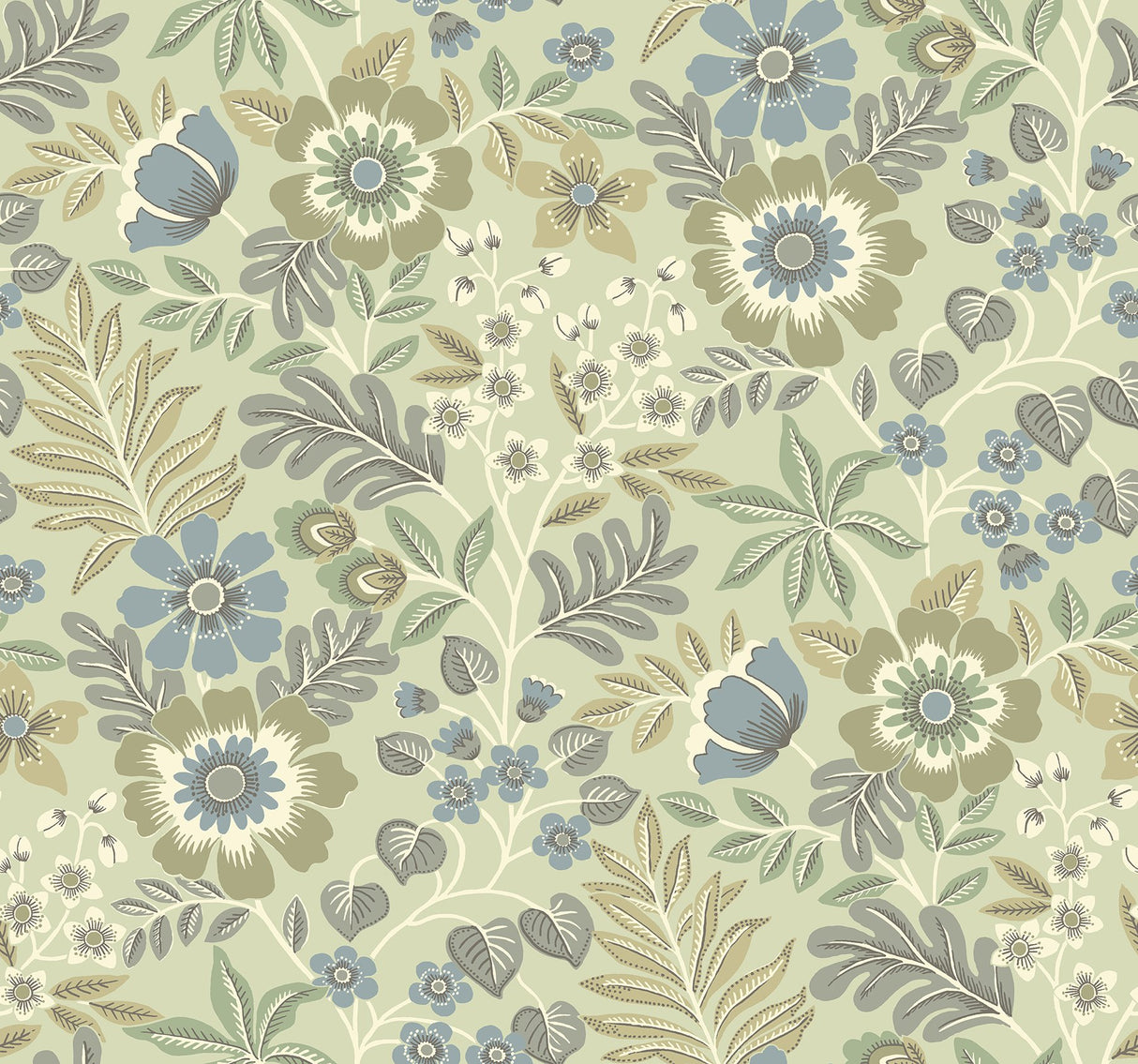 Voysey Green Floral Wallpaper with Retro Botanical Motif - A-Street Prints 2970-87532
