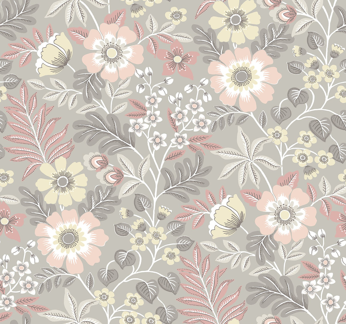 Voysey Pink Floral Wallpaper with Retro Botanical Pattern - A-Street Prints 2970-87536