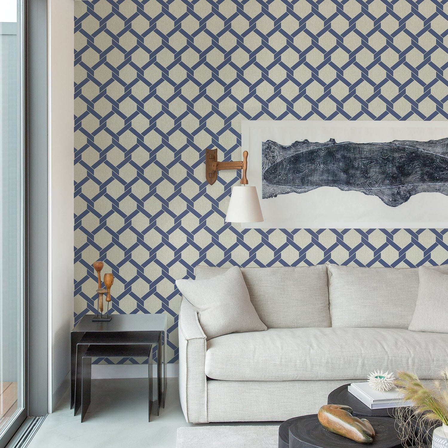 Payton Blue Hexagon Trellis Wallpaper with Textured Geometric Lattice - A-Street Prints 2971-86308