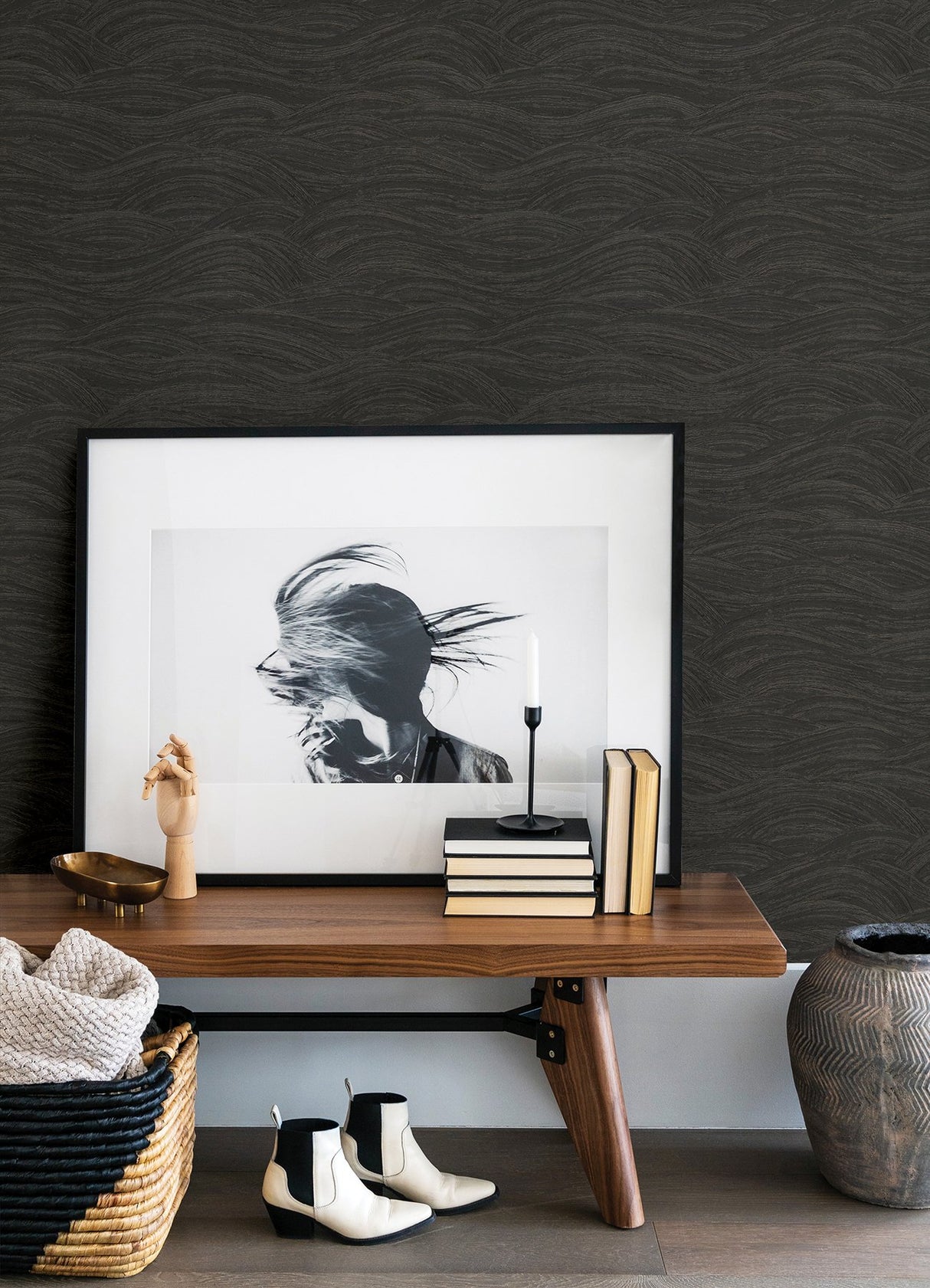Leith Black Zen Waves Wallpaper with Metallic Textured Abstract Geometric Style - A-Street Prints 2971-86363