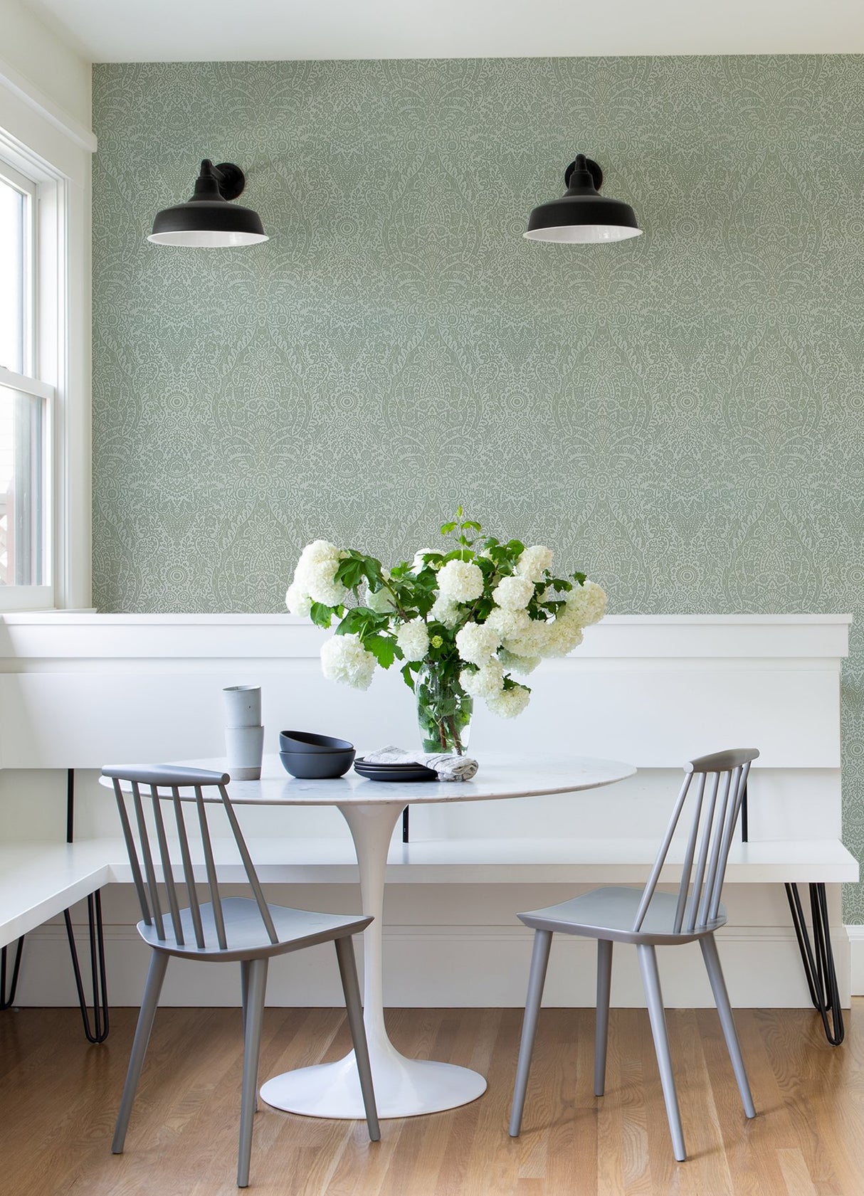 Maris Silver Flock Damask Wallpaper with Botanical Damask in Glam Style - 2973-87366