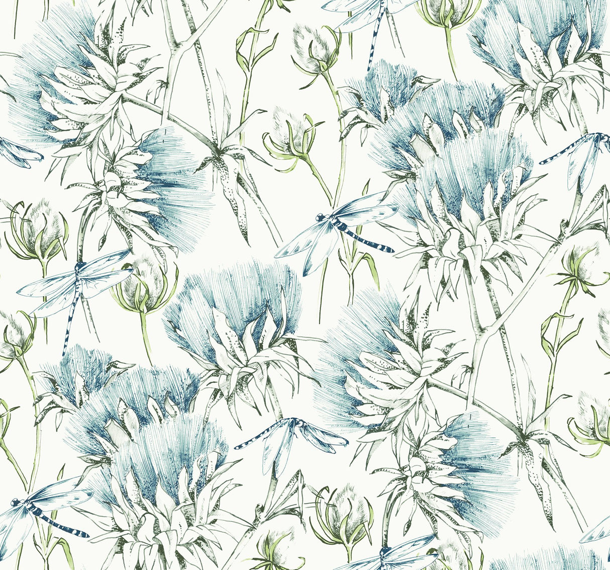 Mariell Teal Dragonfly Wallpaper with Botanical Dragonfly Pattern, Modern Unpasted Acrylic Coated Paper - A-Street Prints 2973-90401