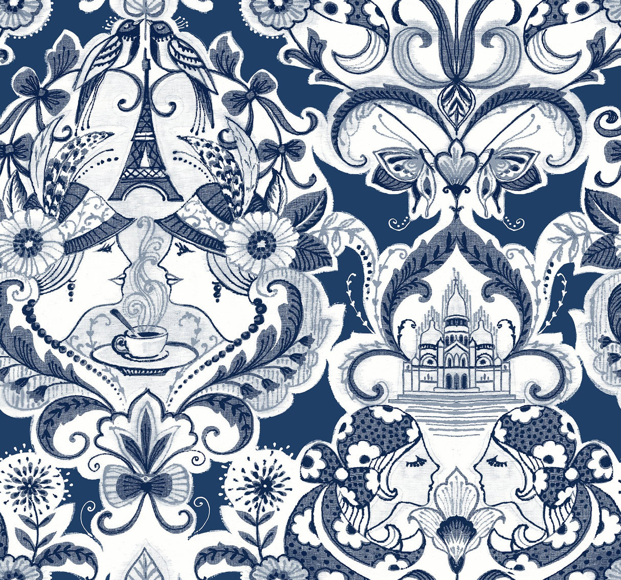 Sadie Navy Parisian Damask Wallpaper with Eclectic Graphics Damask Motif - A-Street Prints 2973-90885