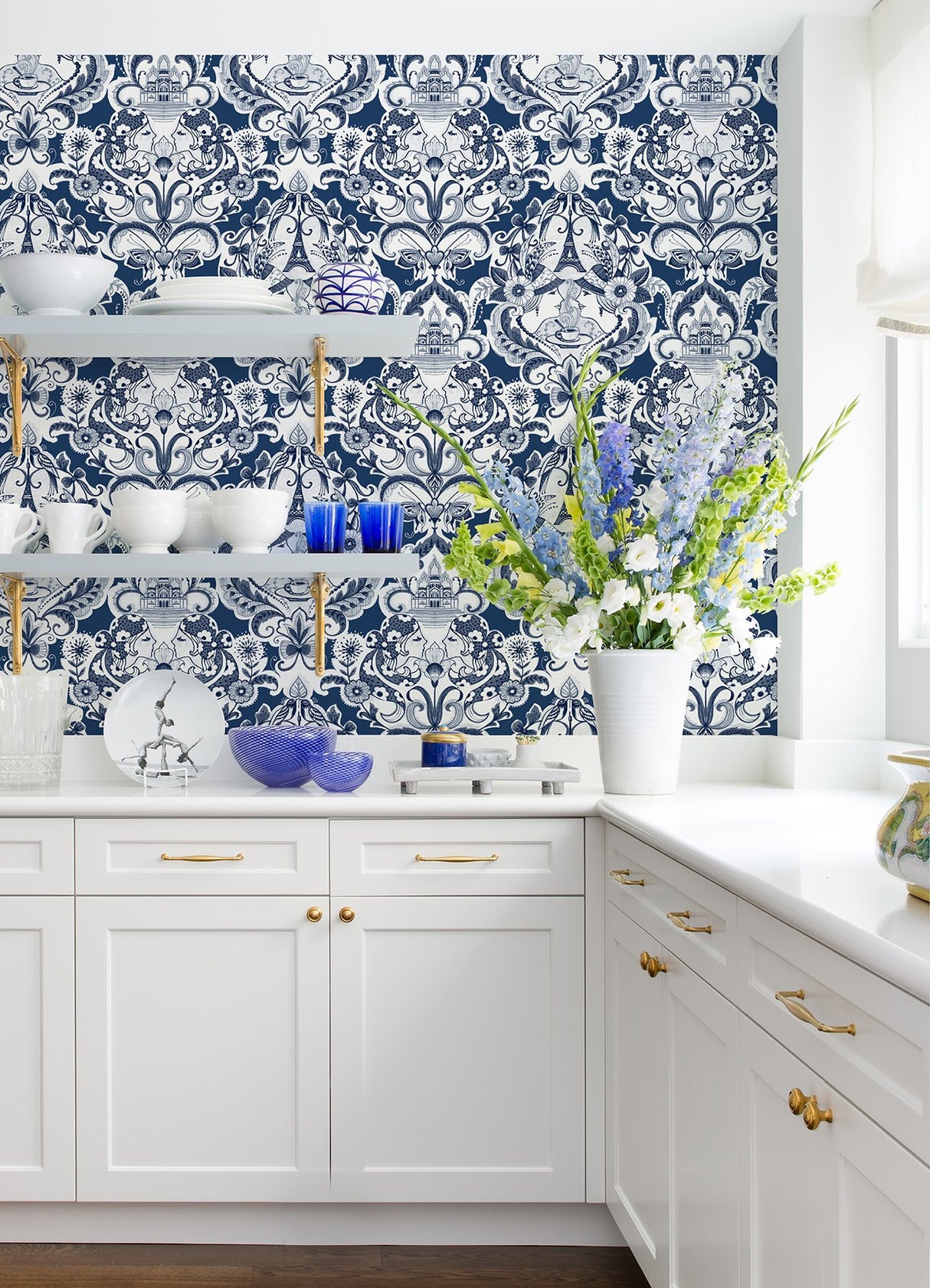 Sadie Navy Parisian Damask Wallpaper with Eclectic Graphics Damask Motif - A-Street Prints 2973-90885