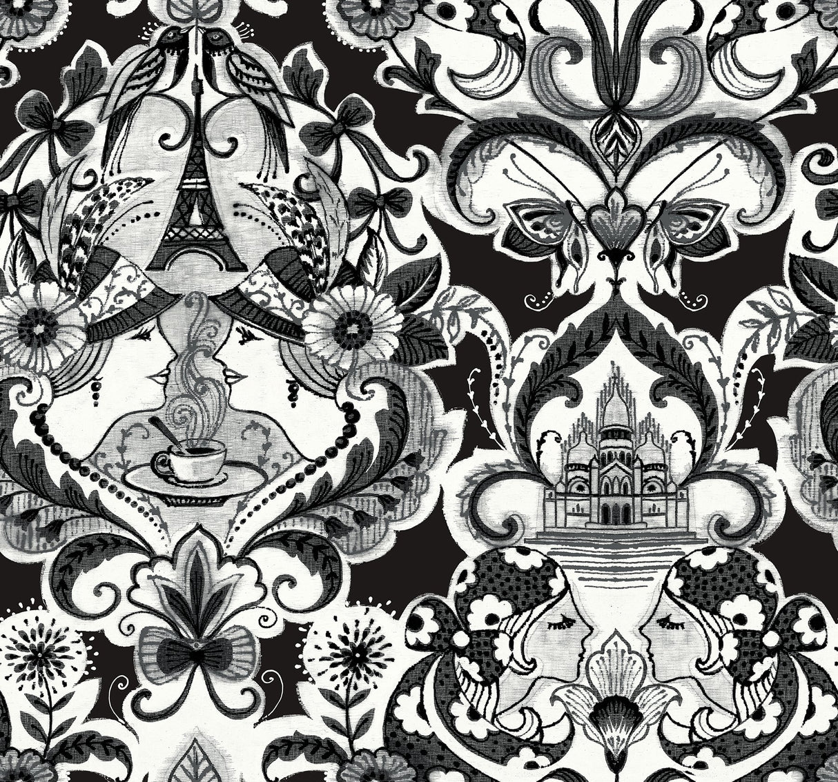 Sadie Black Parisian Damask Wallpaper with Eclectic Graphics Damask - A-Street Prints 2973-90886