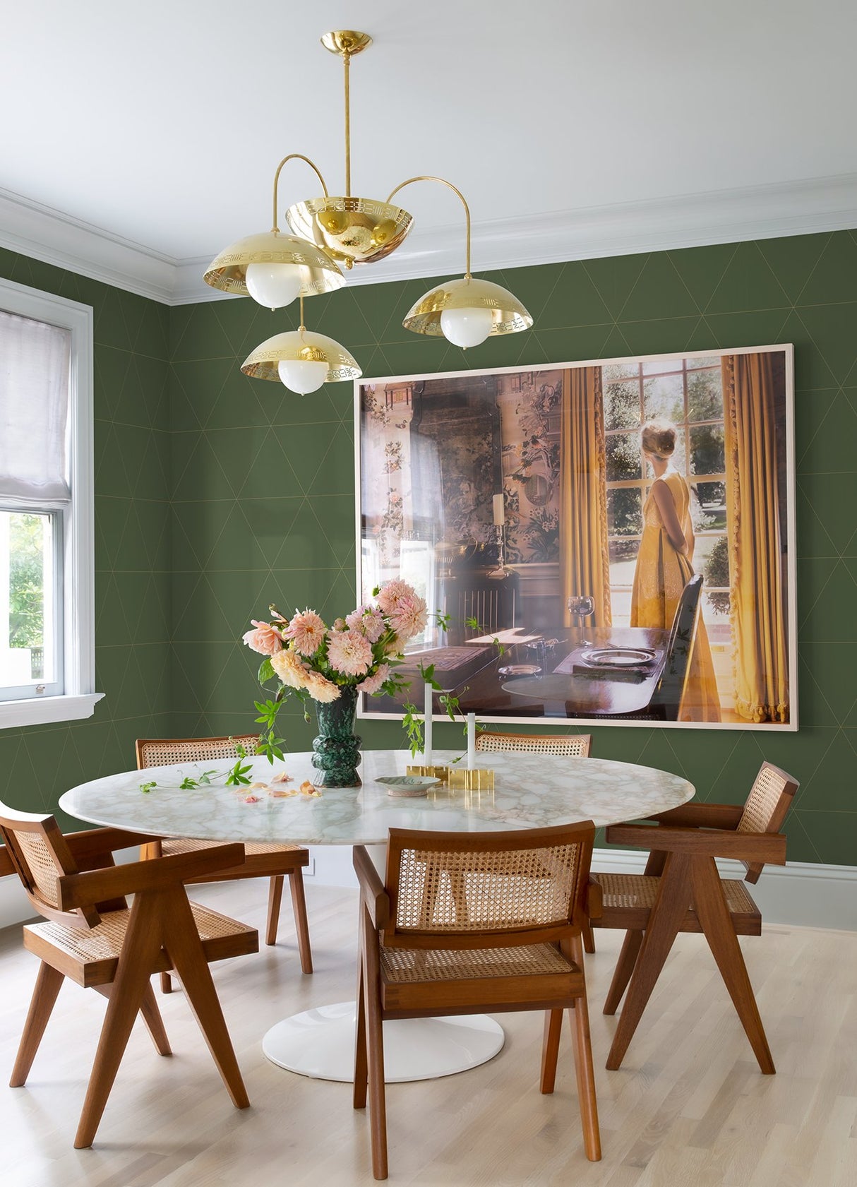 Twilight Moss Geometric Green Wallpaper with Metallic Triangular Grid - A-Street Prints 2973-91010