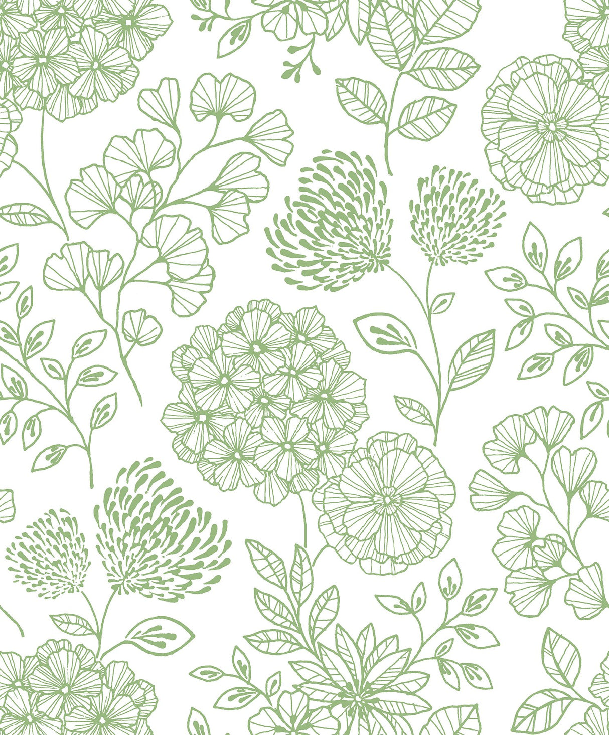 Ada Green Floral Wallpaper with Modern Botanical Flower Linework - A-Street Prints 2975-26204