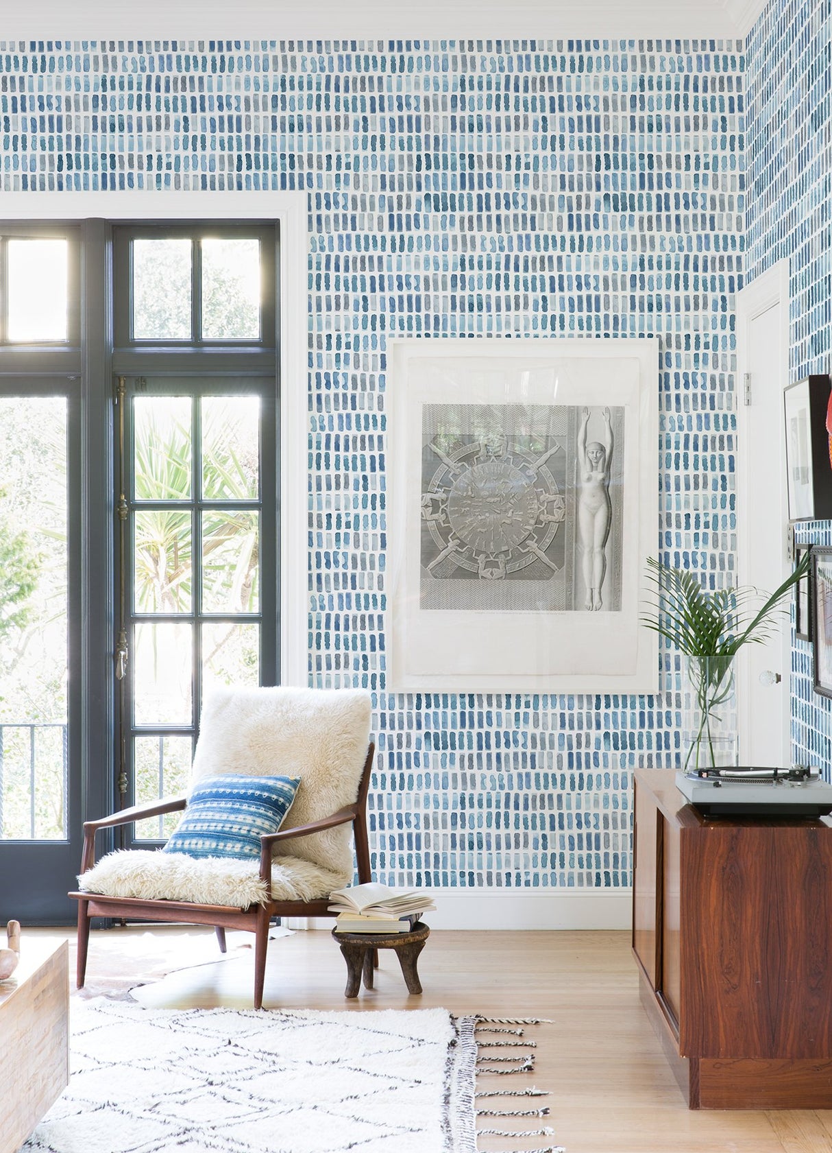 Brynne Indigo Watercolor Wallpaper with Modern Geometric Mosaic Pattern - Brewster 2975-26224