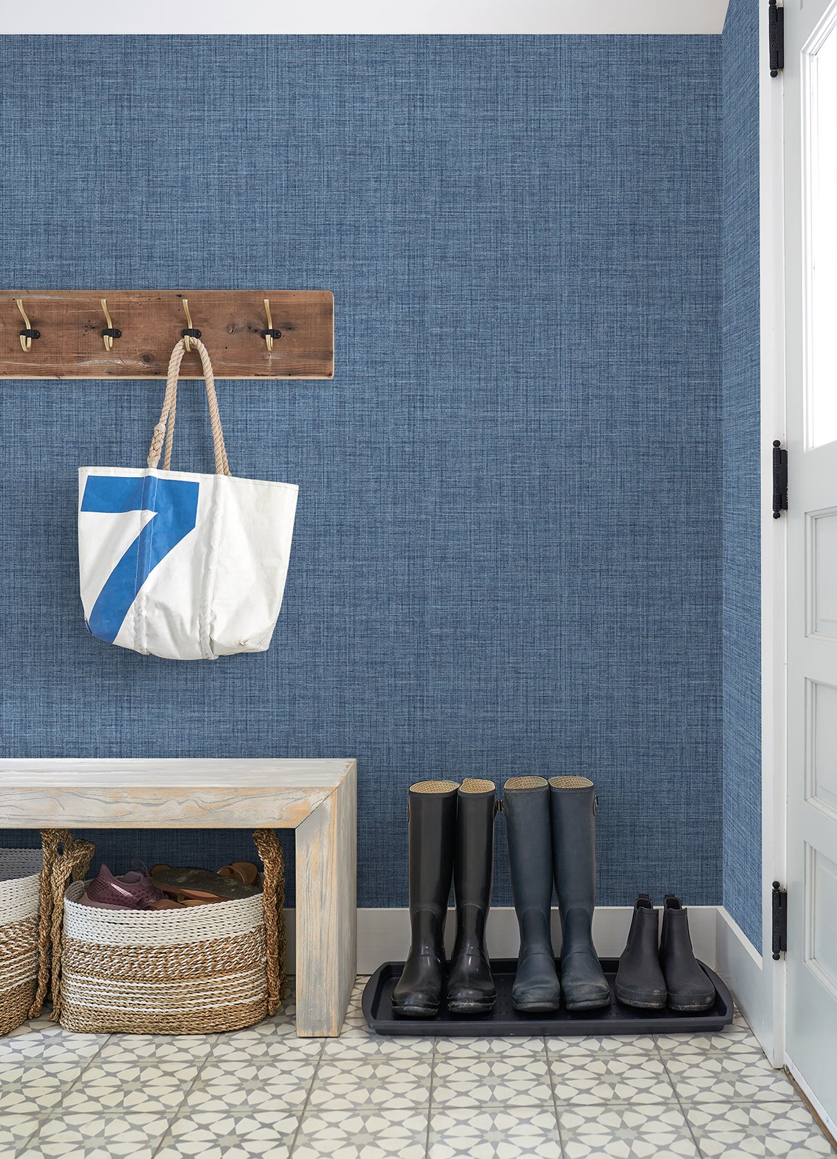 Lanister Blue by A-Street Prints Farmhouse Fabric Woven Texture Non Woven Unpasted Strippable Washable Residential Wallpaper - FD26232
