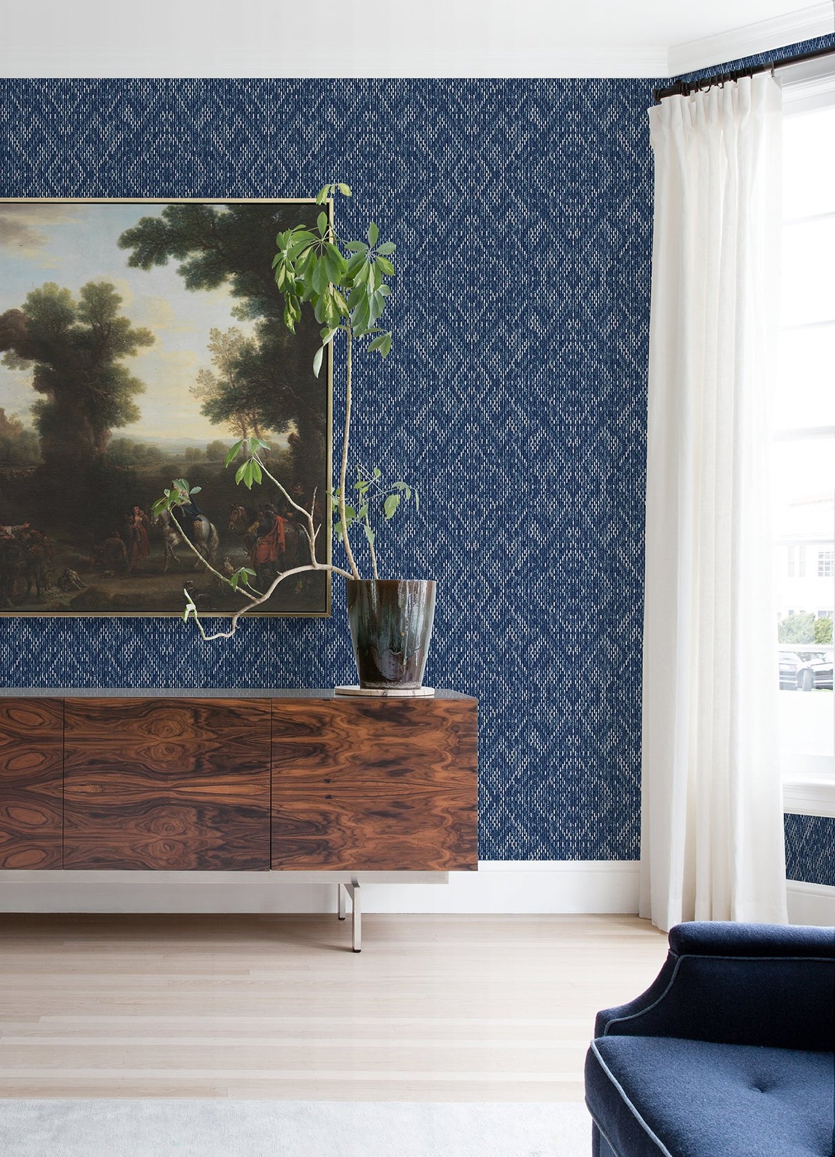 Felix Indigo Geometric Wallpaper with Modern Diamond Stitch Motif - A?Street Prints 2975-26242