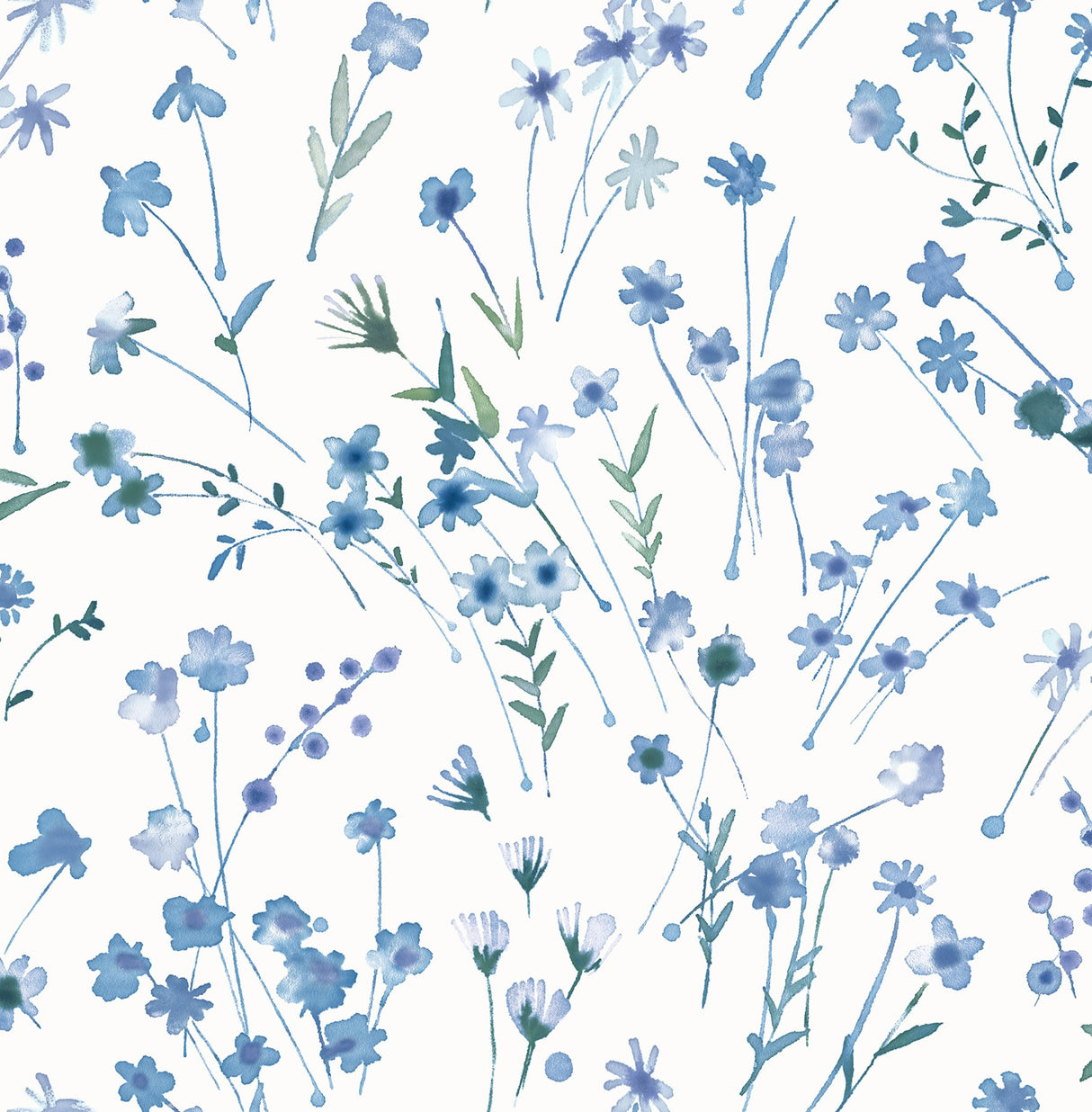 Heidi Blue Watercolor Florals Wallpaper with Botanical Flower Pattern, Unpasted Non Woven Farmhouse Style - Advantage 2980-26176