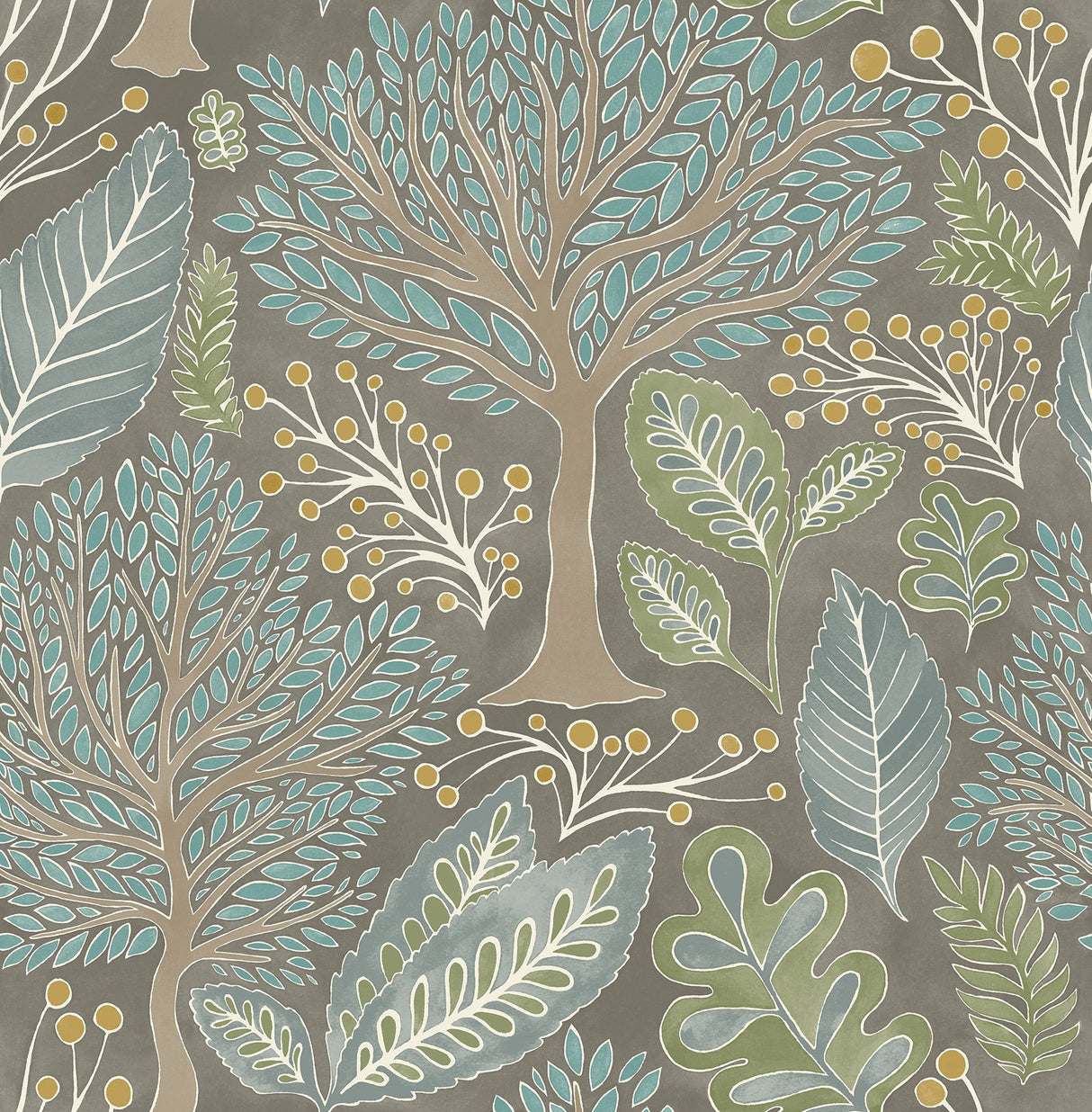 Kiah Taupe Forest Wallpaper with Whimsical Botanical Trees Pattern - Advantage 2980-26182
