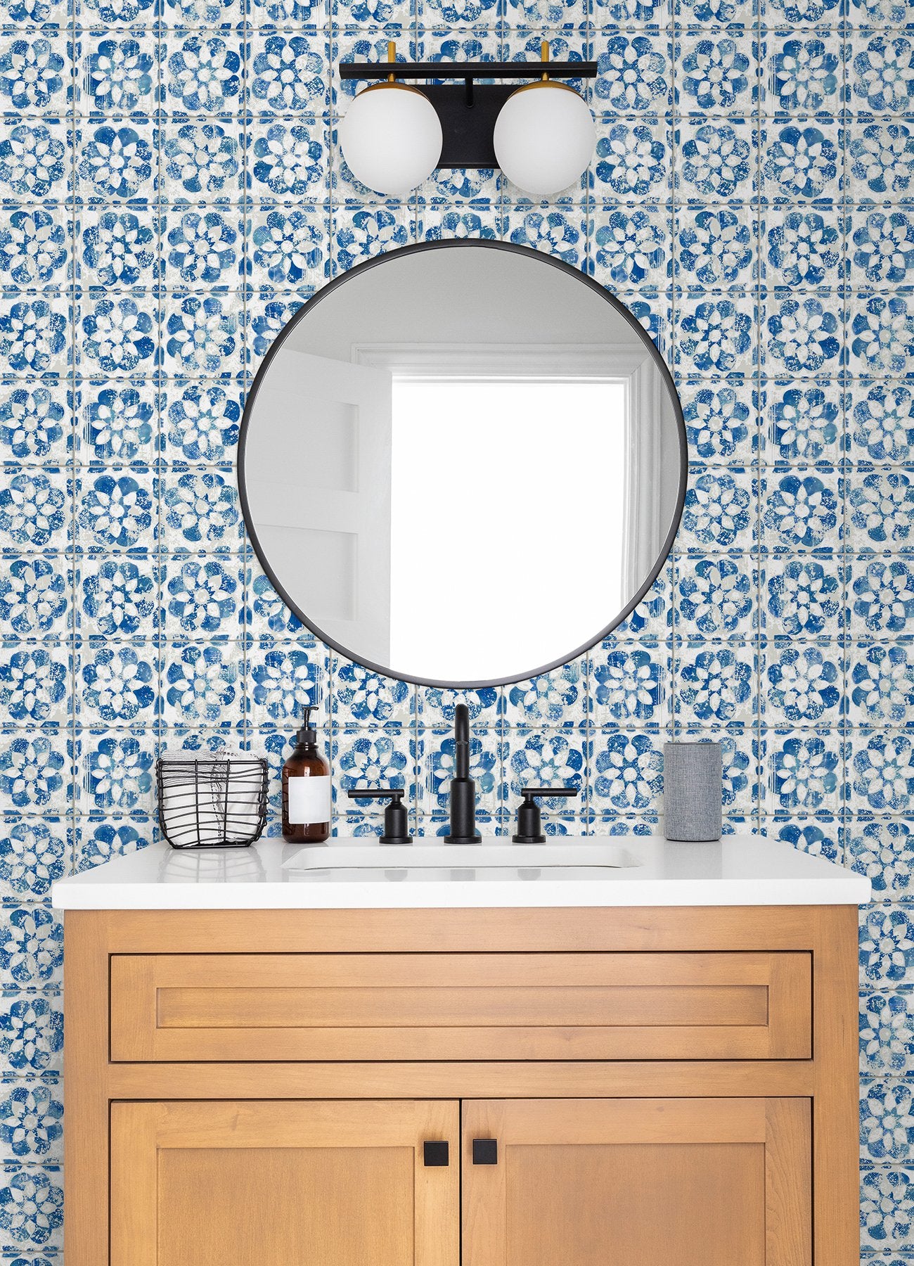 Izeda Blue Floral Tile Wallpaper with Global Tiles Pattern - Advantage 2980-26192