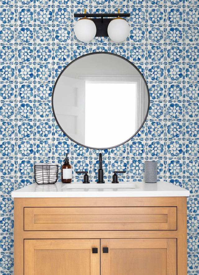 Izeda Blue Floral Tile Wallpaper with Global Tiles Pattern - Advantage 2980-26192