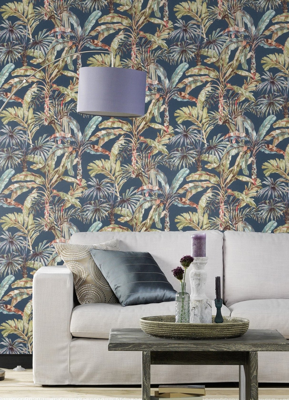 Calle Blue Tropical Textured Wallpaper with Botanical Palm Motif - Advantage 2980-485288