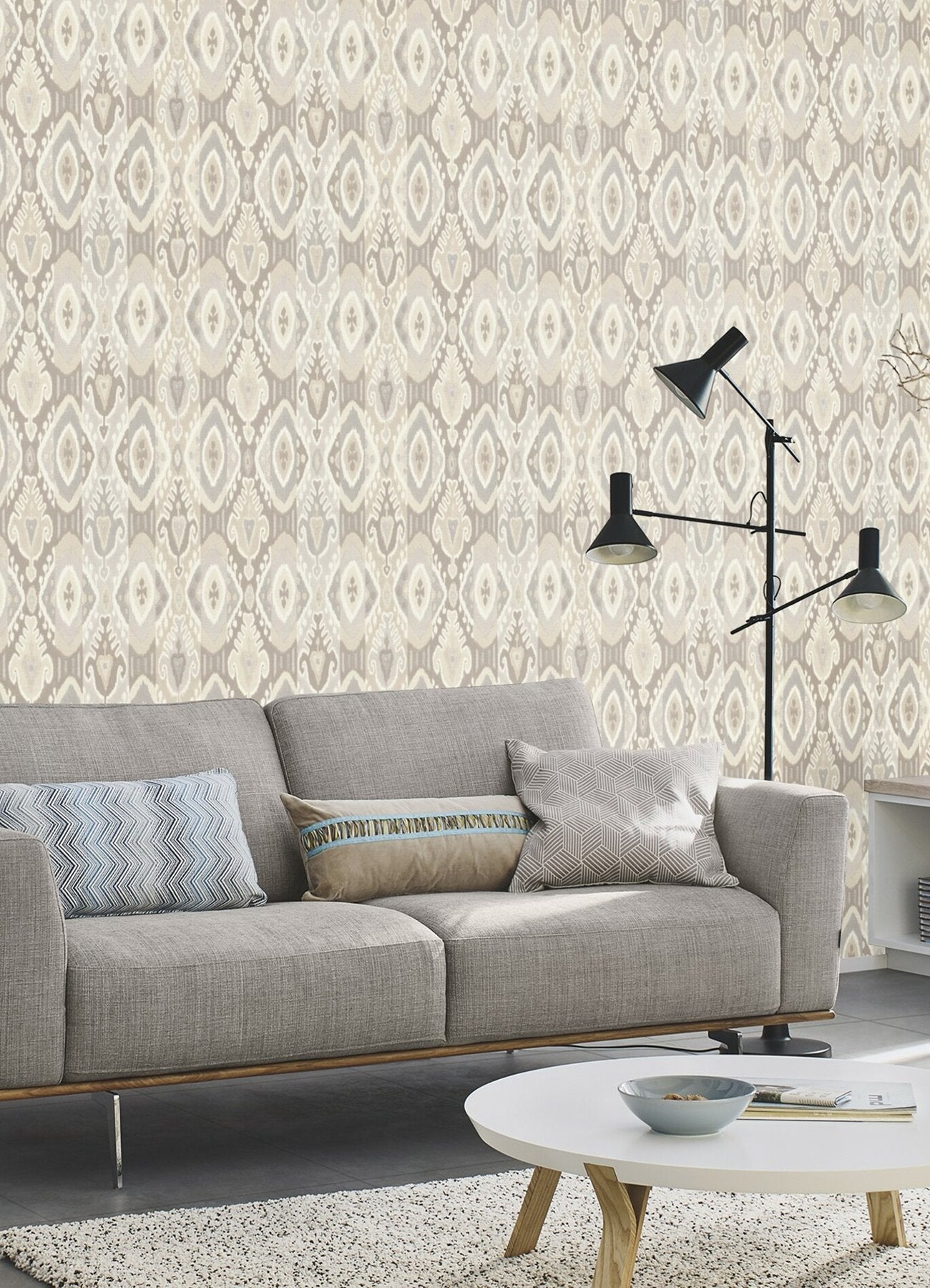 Villon Light Grey Ikat Wallpaper with Raised Ink Bohemian Global Pattern - Advantage 2980-560558