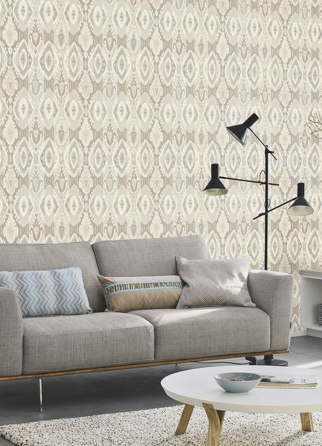Villon Light Grey Ikat Wallpaper with Raised Ink Bohemian Global Pattern - Advantage 2980-560558