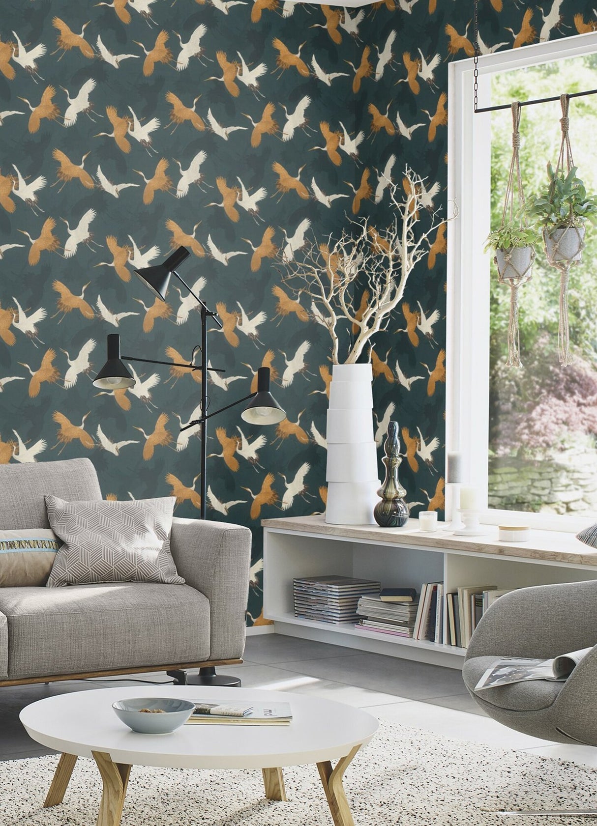 Kusama Dark Blue Crane Wallpaper with Global Bohemian Bird Motif - 2980-560664
