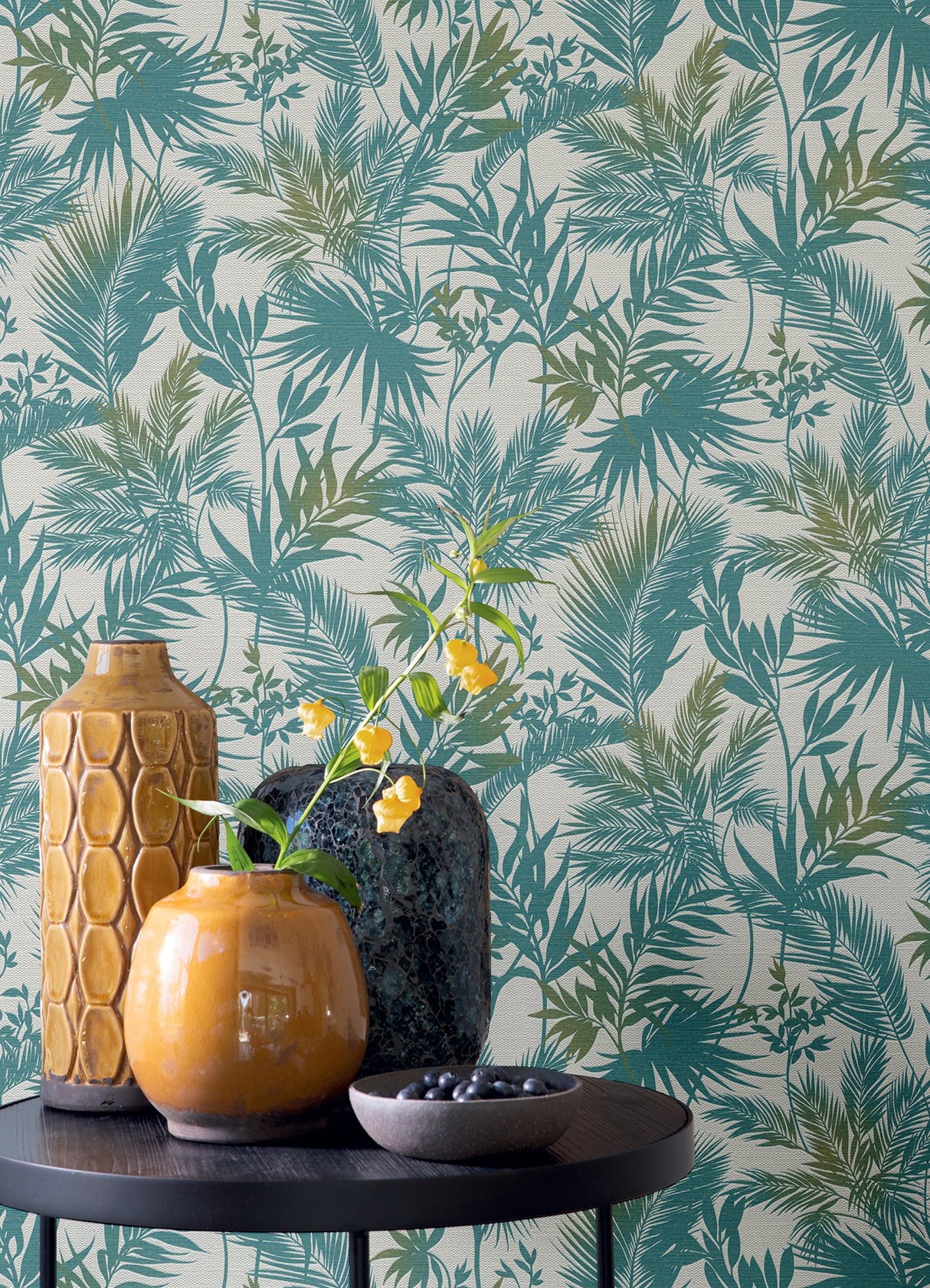 Saura Teal Frond Wallpaper with Tropical Botanical Leaf Pattern, Raised Ink Textured - Advantage 2980-704112