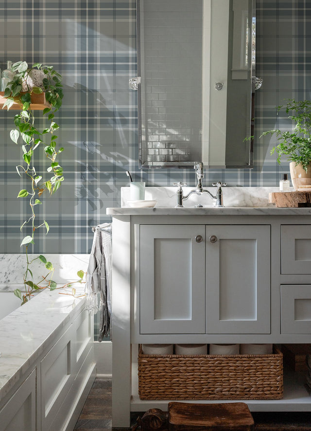 Sala Blue Plaid Wallpaper with Farmhouse Plaids Pattern - Advantage 2980-92120