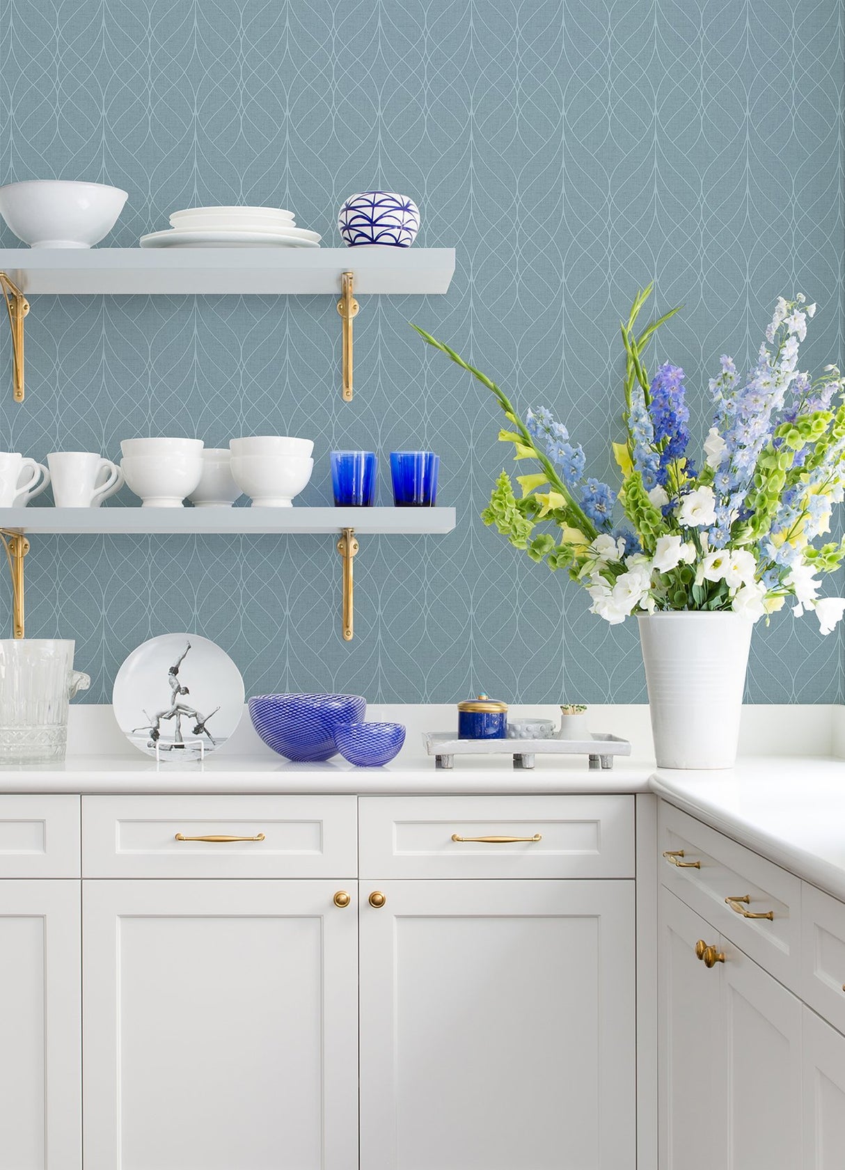 Hartley Blue Geo Wallpaper with Metallic Textured Ogee Trellis - Advantage 2980-M41901