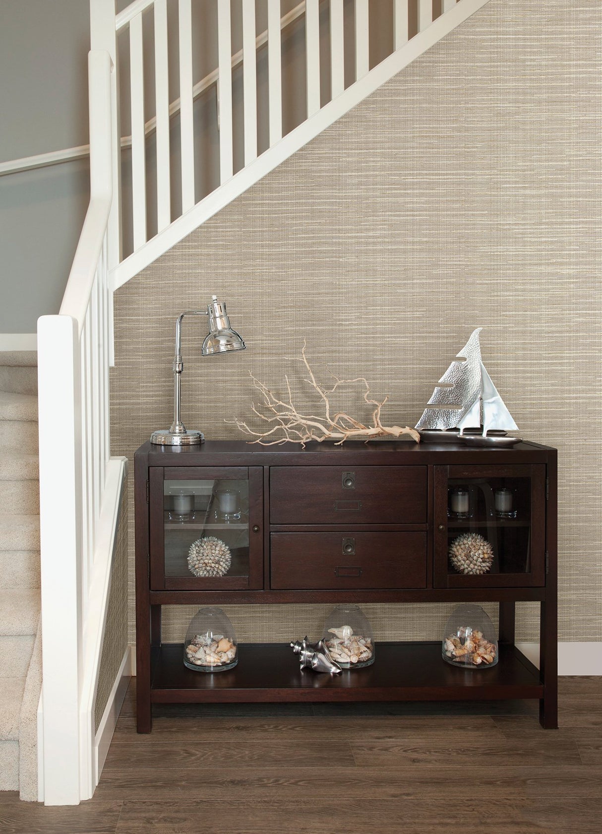 Bay Ridge Neutral Faux Grasscloth Wallpaper with Textured Raised Ink - Warner 2984-8018