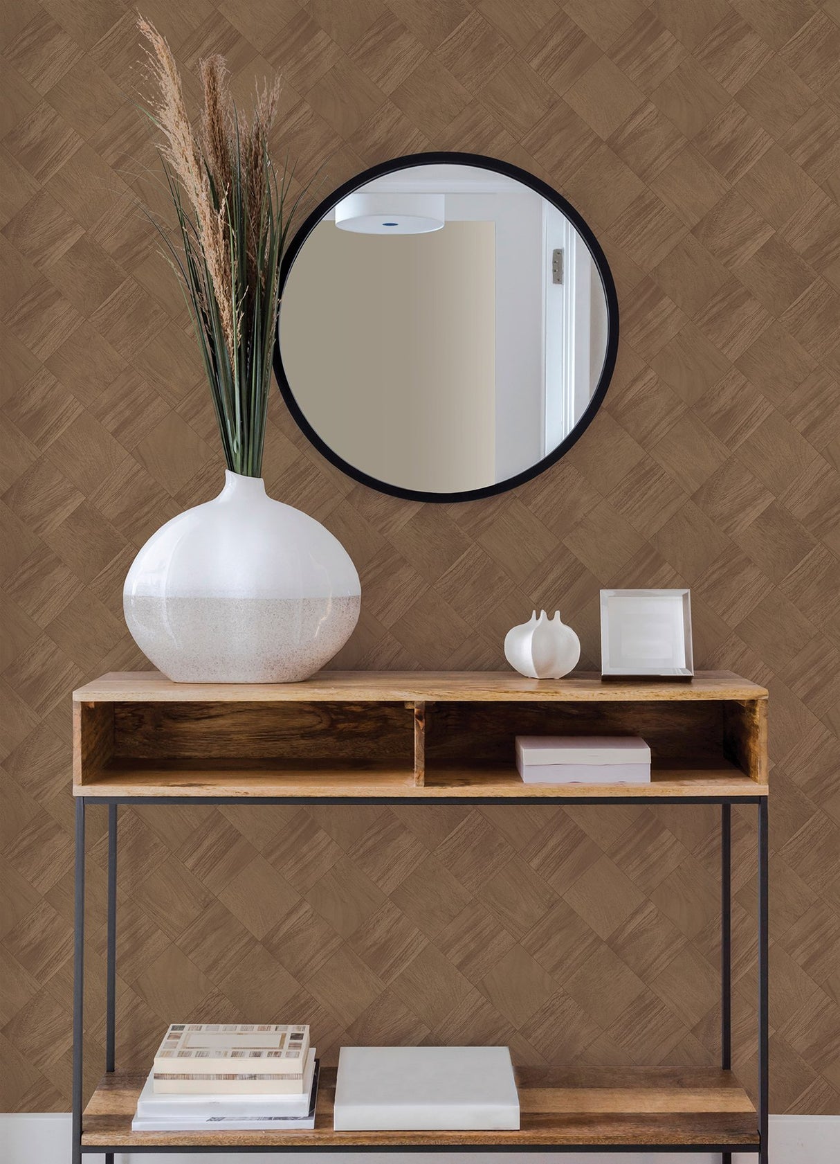 Thriller Chestnut Wood Tile Wallpaper with Modern Geometric Wood Tile Pattern - A-Street Prints 2988-70806
