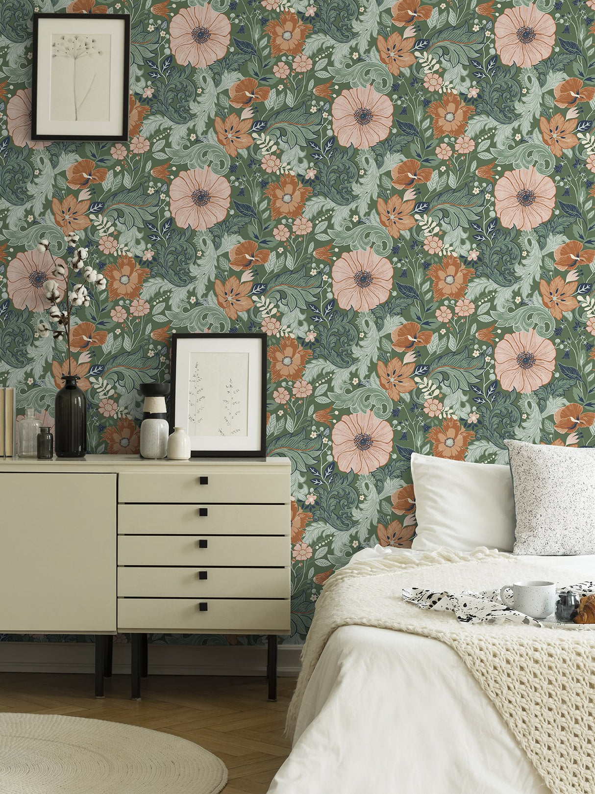 Victoria Green Floral Nouveau Wallpaper with Botanical Flower Pattern, Farmhouse Style - A-Street Prints 2999-13109