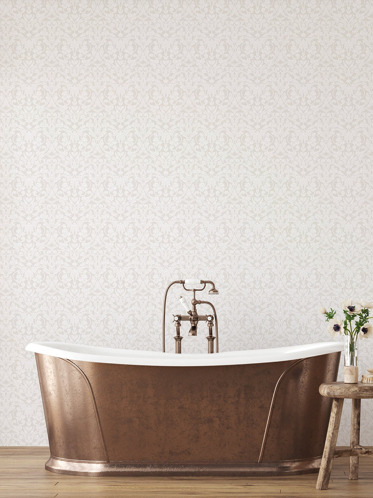 Rosali Cream Scroll Damask Wallpaper with Farmhouse Graphics Scrolls Pattern - A-Street Prints 2999-14005