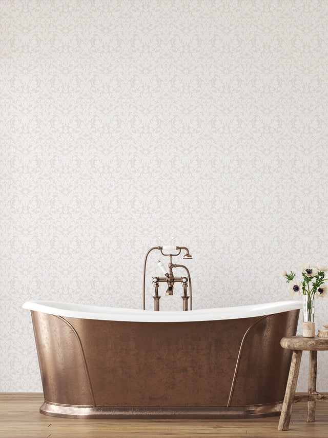 Rosali Cream Scroll Damask Wallpaper with Farmhouse Graphics Scrolls Pattern - A-Street Prints 2999-14005