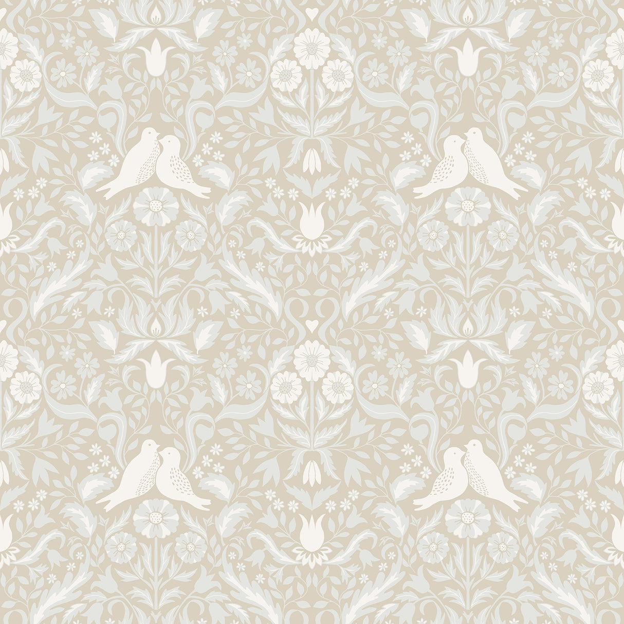 Niki Beige Country Kitsch Wallpaper with Scandinavian Bird and Floral Damask - Brewster 2999-14026