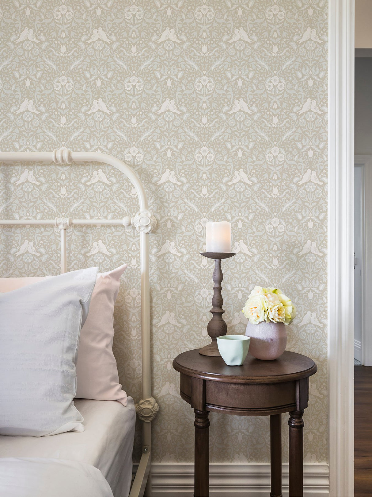 Niki Beige Country Kitsch Wallpaper with Scandinavian Bird and Floral Damask - Brewster 2999-14026