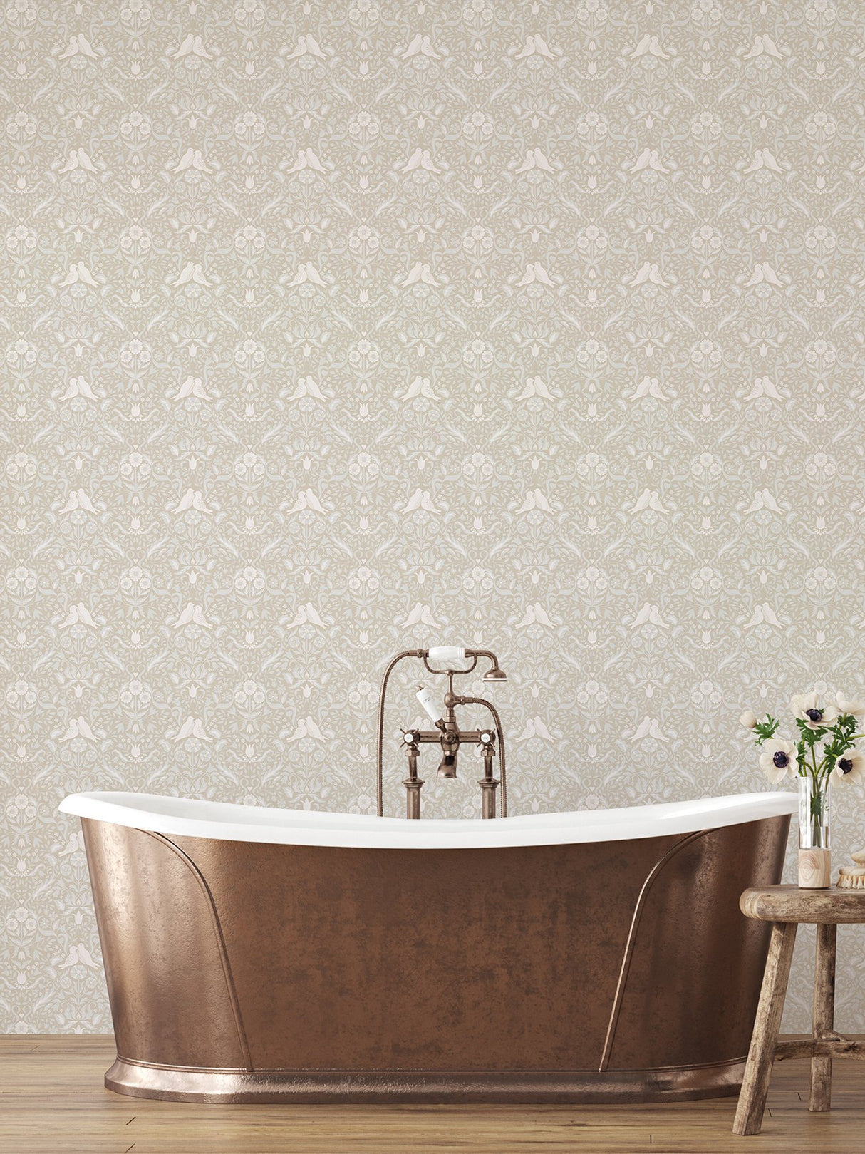 Niki Beige Country Kitsch Wallpaper with Scandinavian Bird and Floral Damask - Brewster 2999-14026
