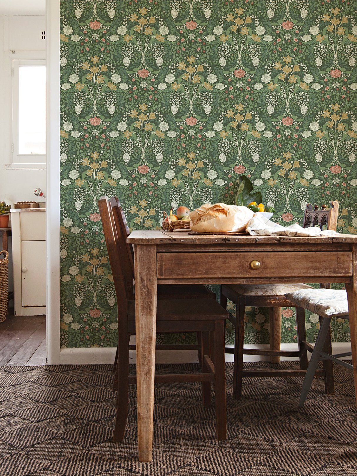 Froso Green Garden Damask Wallpaper with Botanical Floral Pattern, Modern Style - A-Street Prints 2999-24102