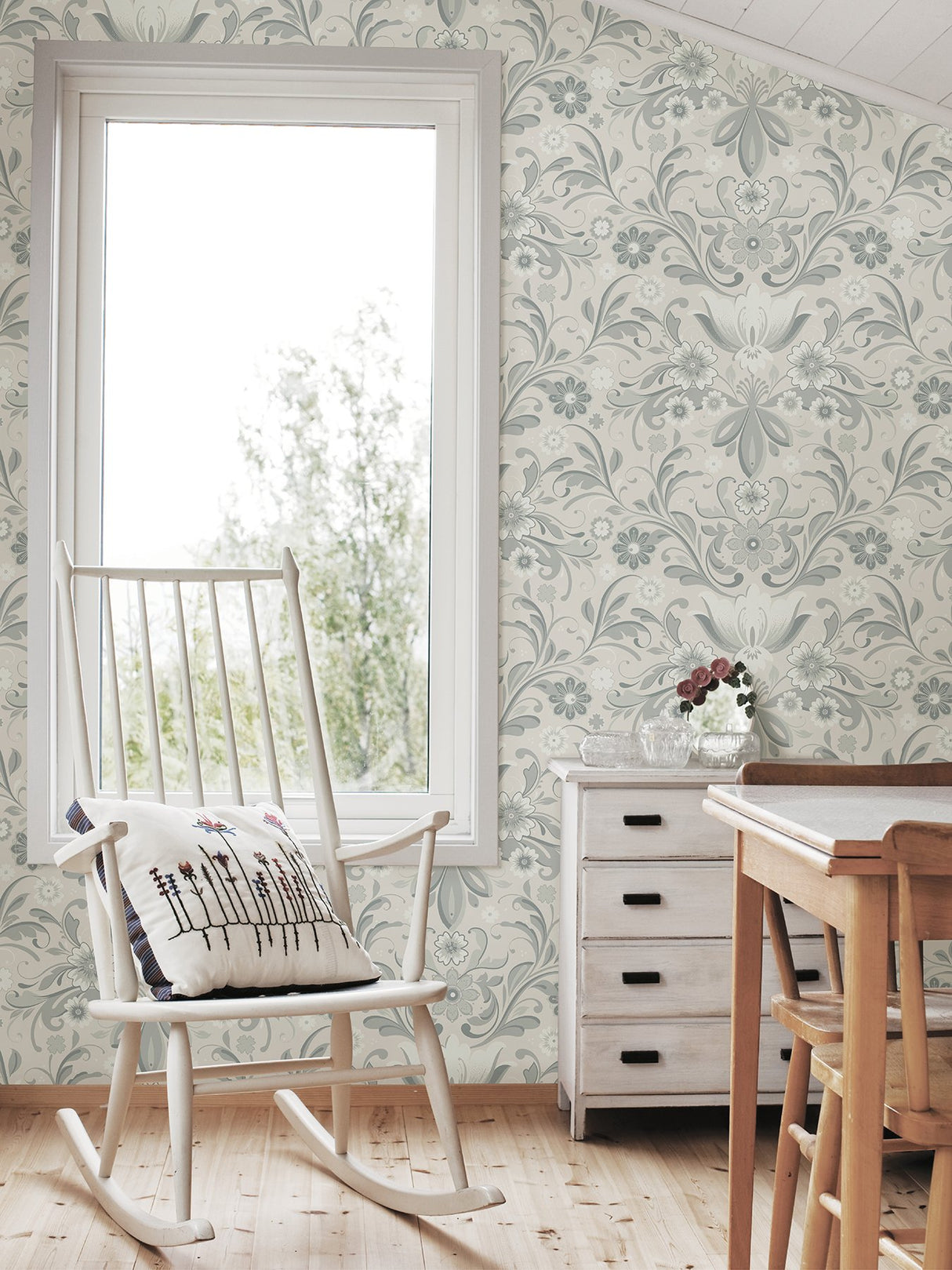 Ostanskar Light Grey Retro Floral Wallpaper with Botanical Flowers Motif - A-Street Prints 2999-24109