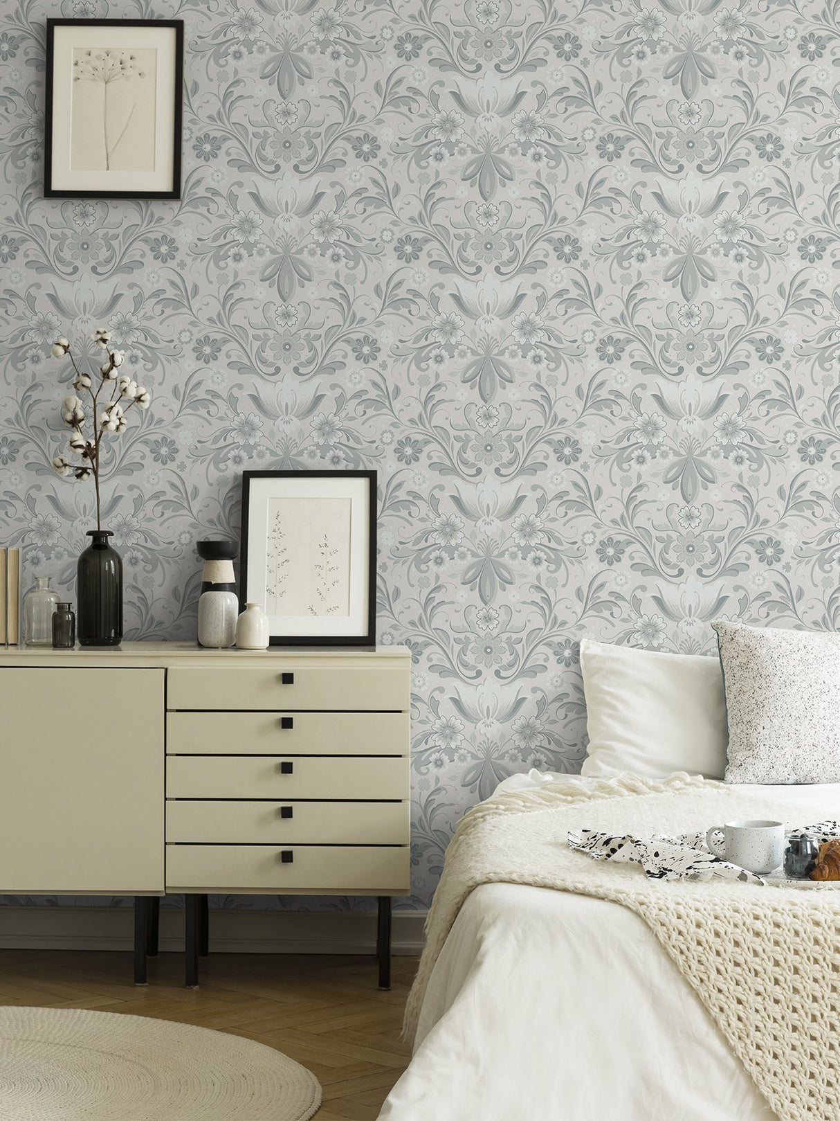 Ostanskar Light Grey Retro Floral Wallpaper with Botanical Flowers Motif - A-Street Prints 2999-24109