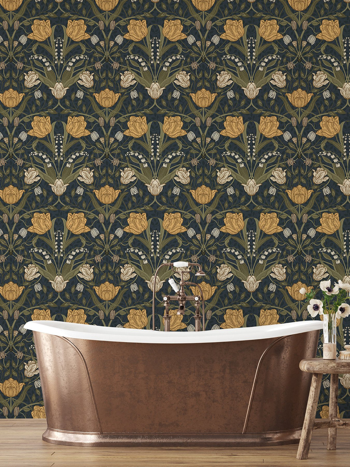 Filippa Navy Tulip Wallpaper with Botanical Floral Pattern, Modern Style - A-Street Prints 2999-44106
