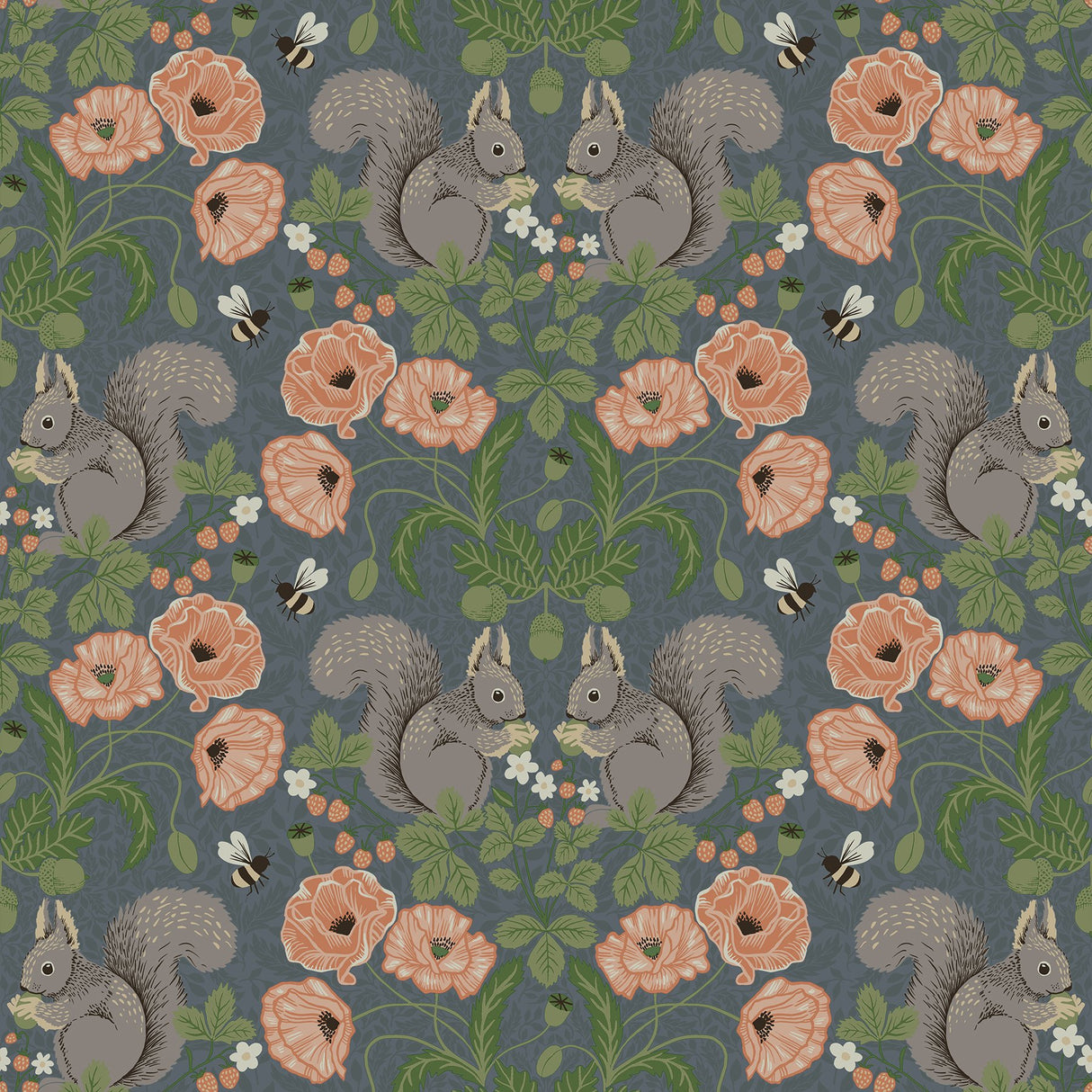 Kurre Blue Woodland Damask Wallpaper with Whimsical Squirrels, Bees and Floral Motif - Brewster 2999-44122