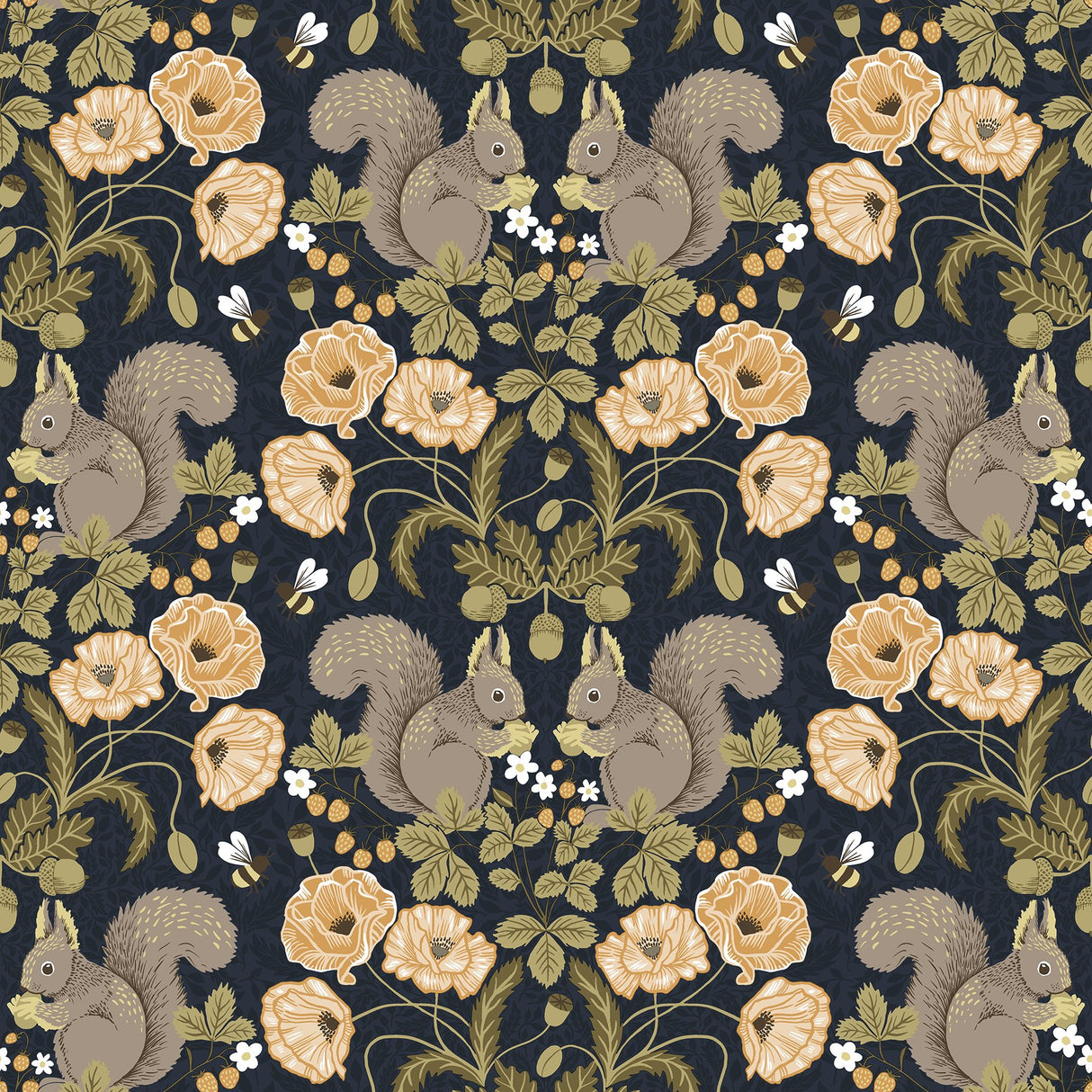 Kurre Dark Blue Woodland Damask Wallpaper with Whimsical Squirrels and Floral Motif - Brewster 2999-44123