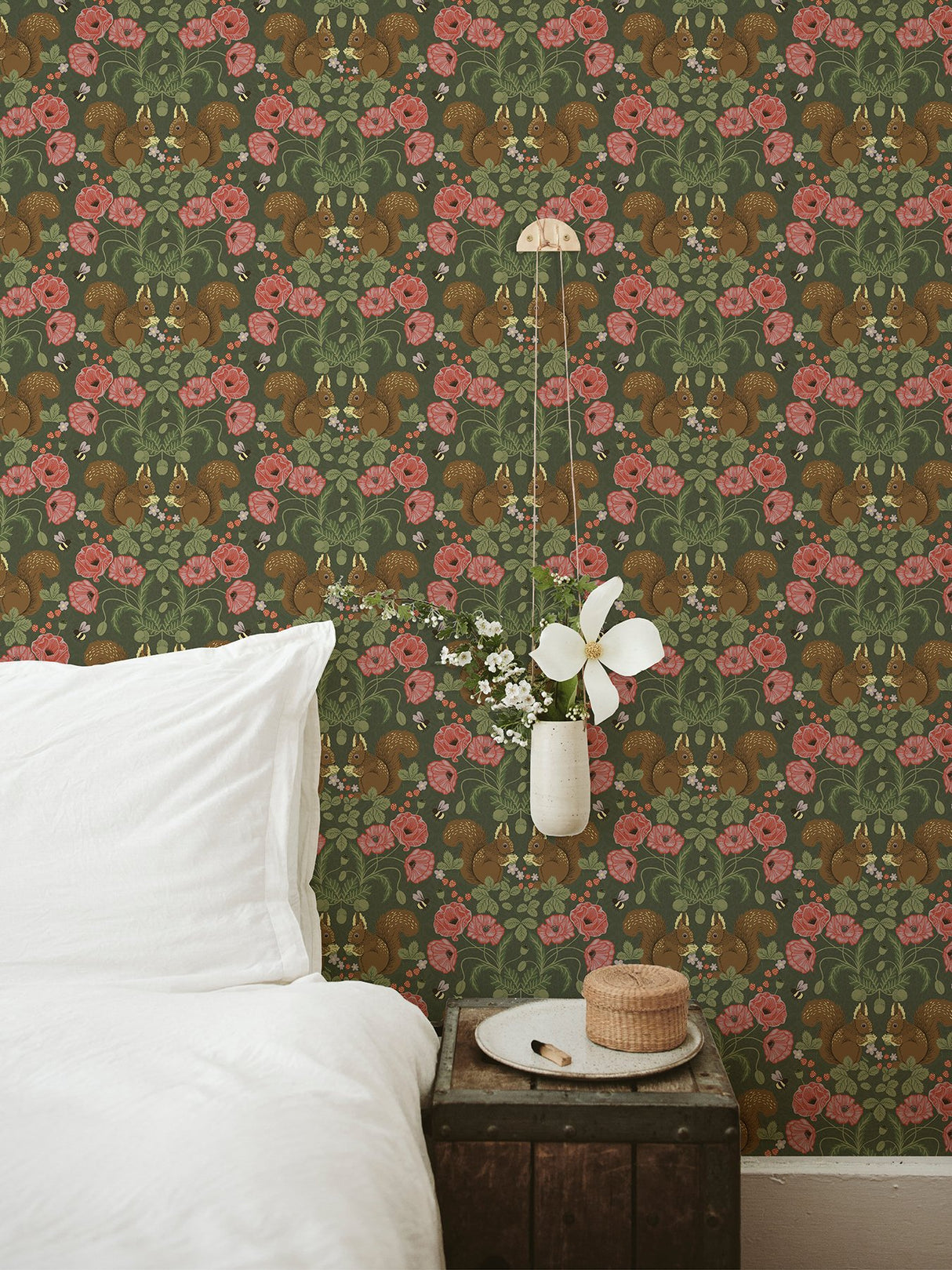 Kurre Dark Green Woodland Damask Wallpaper with Whimsical Animal Motif - A-Street Prints 2999-44124