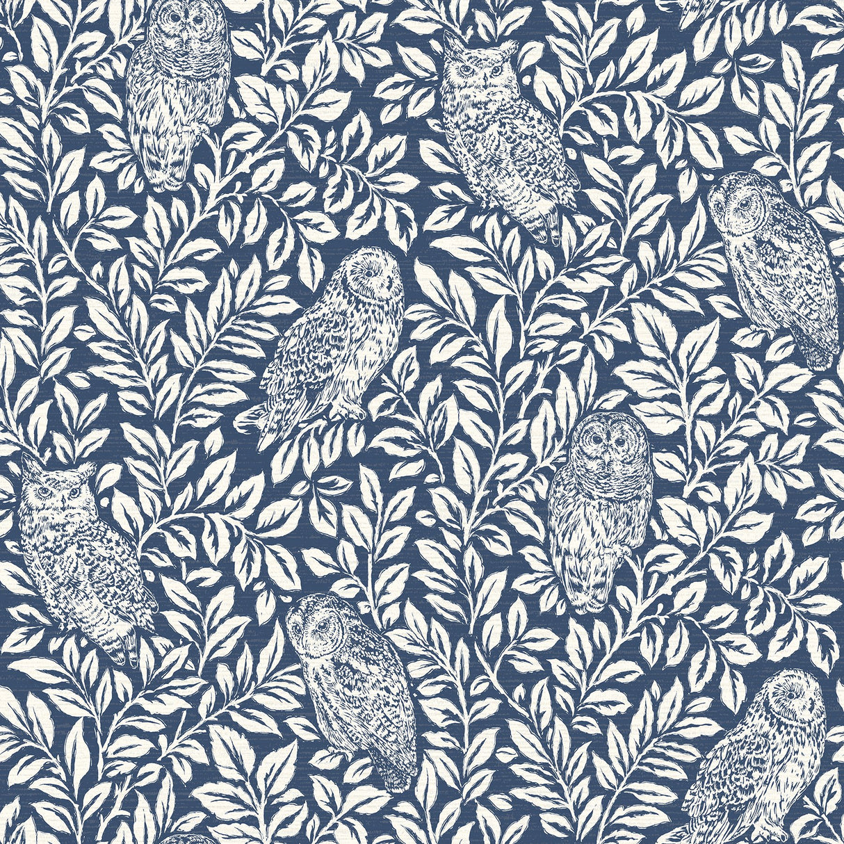 Parliament Navy Owl Wallpaper with Folky Owl and Leaf Motif - Chesapeake 3115-12412