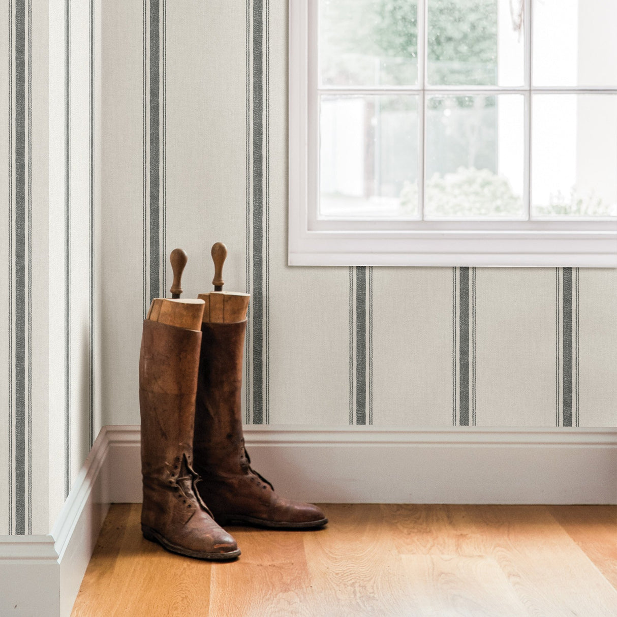Linette Black Fabric Stripe Wallpaper with Farmhouse Fabric Texture - Chesapeake 3115-12461