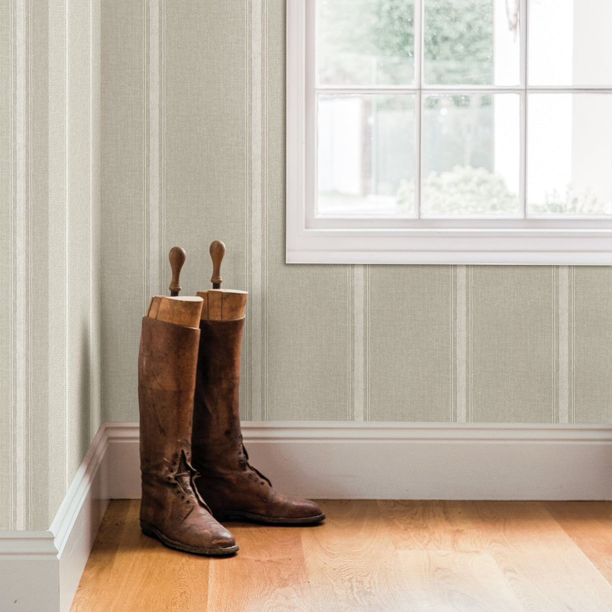 Linette Light Grey Fabric Stripe Wallpaper with Fabric Textures Pattern, Farmhouse Style - Chesapeake 3115-12463