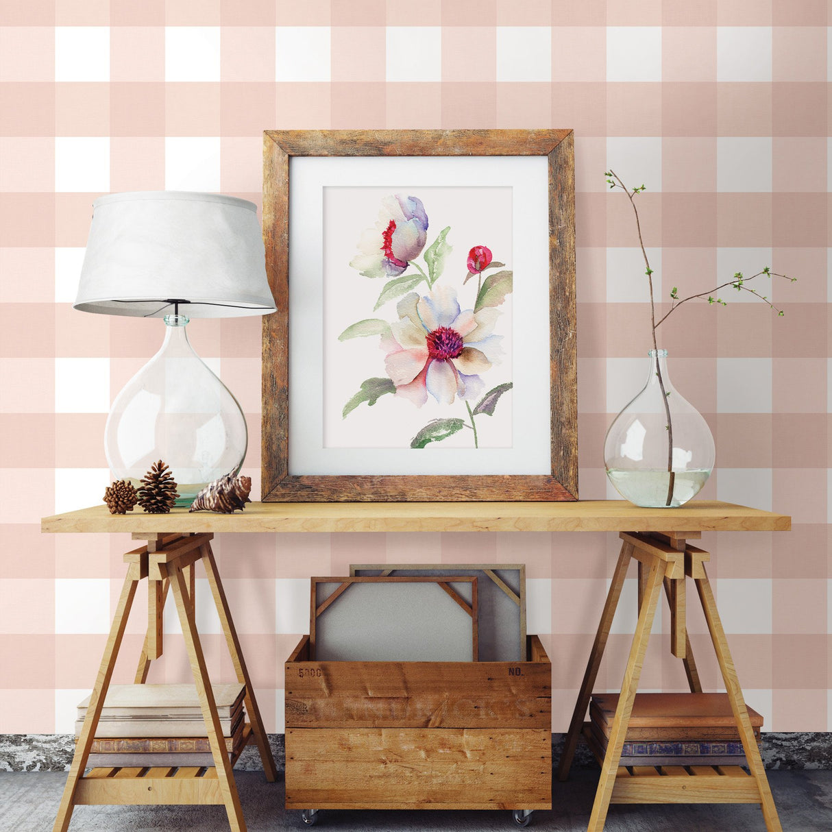 Amos Light Pink Gingham Wallpaper with Fabric Texture Pattern, Farmhouse Style - Chesapeake 3115-12534