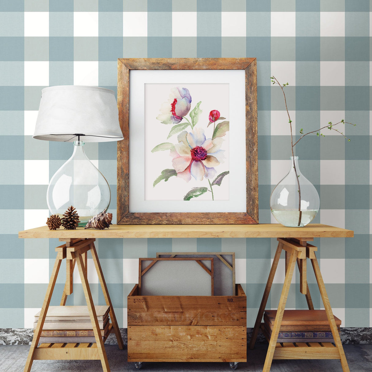 Amos Teal Gingham Wallpaper with Fabric Texture Pattern, Farmhouse Style - Brewster 3115-12535