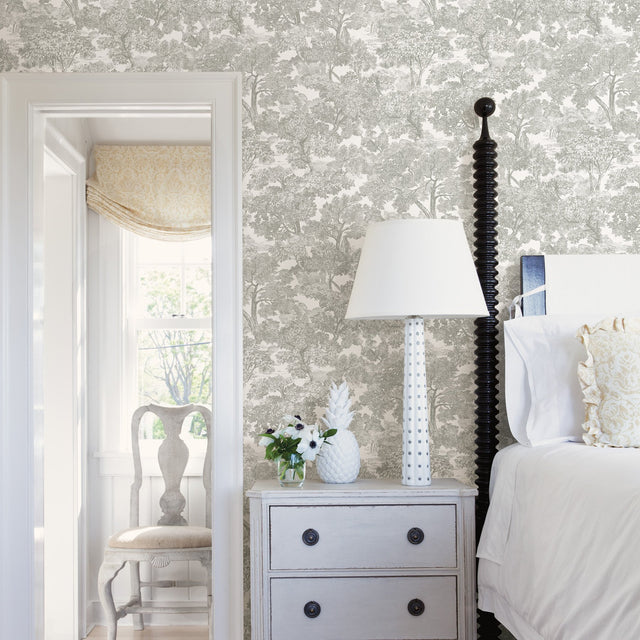 Spinney Grey Toile Wallpaper with Hand-Drawn Forest Motif, Prepasted Coated Heavyweight Paper - Chesapeake 3115-12541